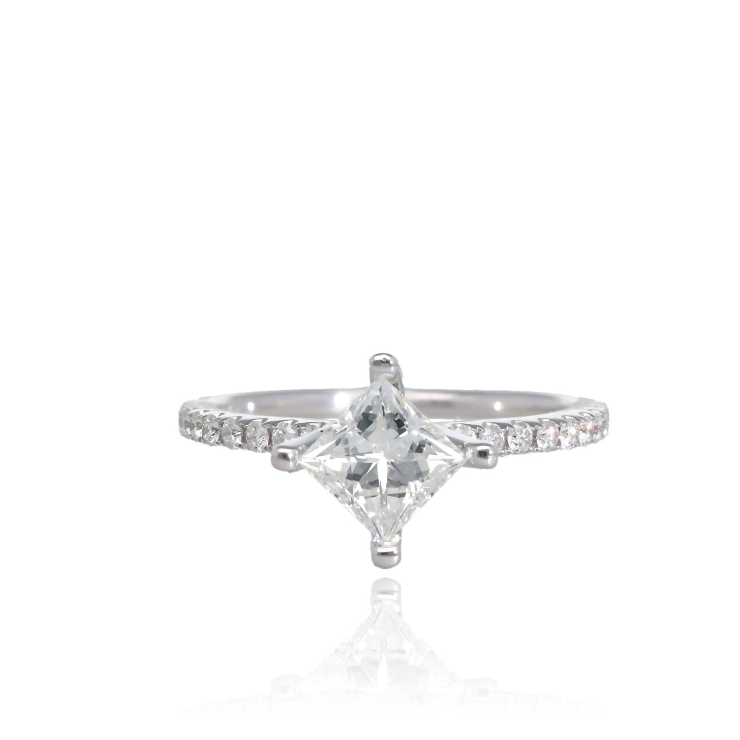 1.18ct Starlight Compass 18K White Gold Princess Cut Natural Diamond Engagement Ring with Pave Band