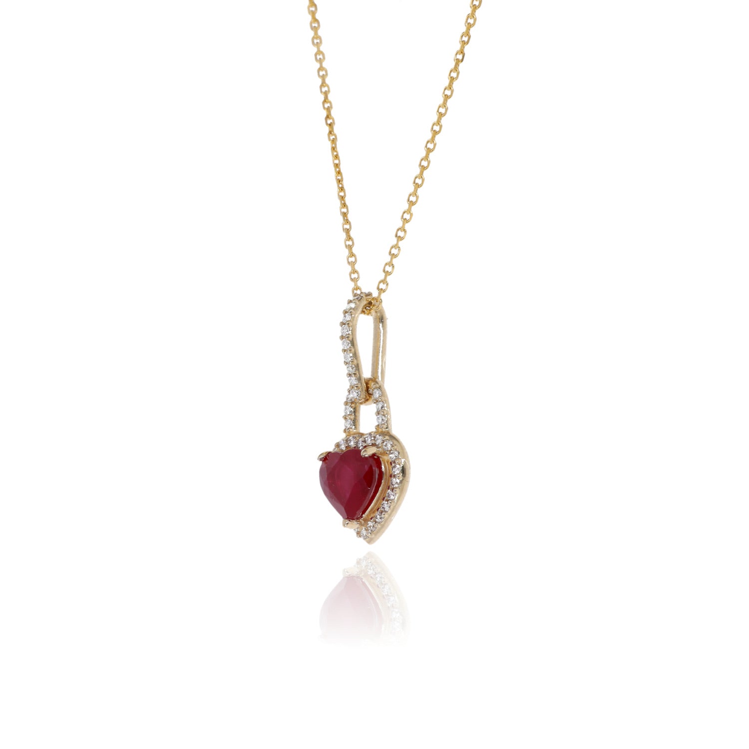 Adoration Ruby Heart Halo Pendant in Yellow Gold