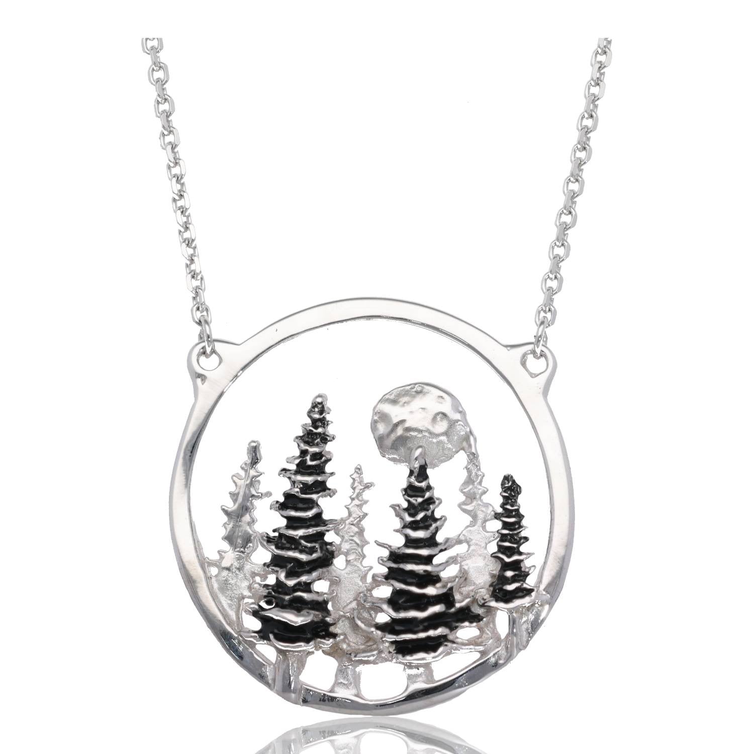 Silver Split Chain Necklace, Pine Moon Landscape Antique Finish