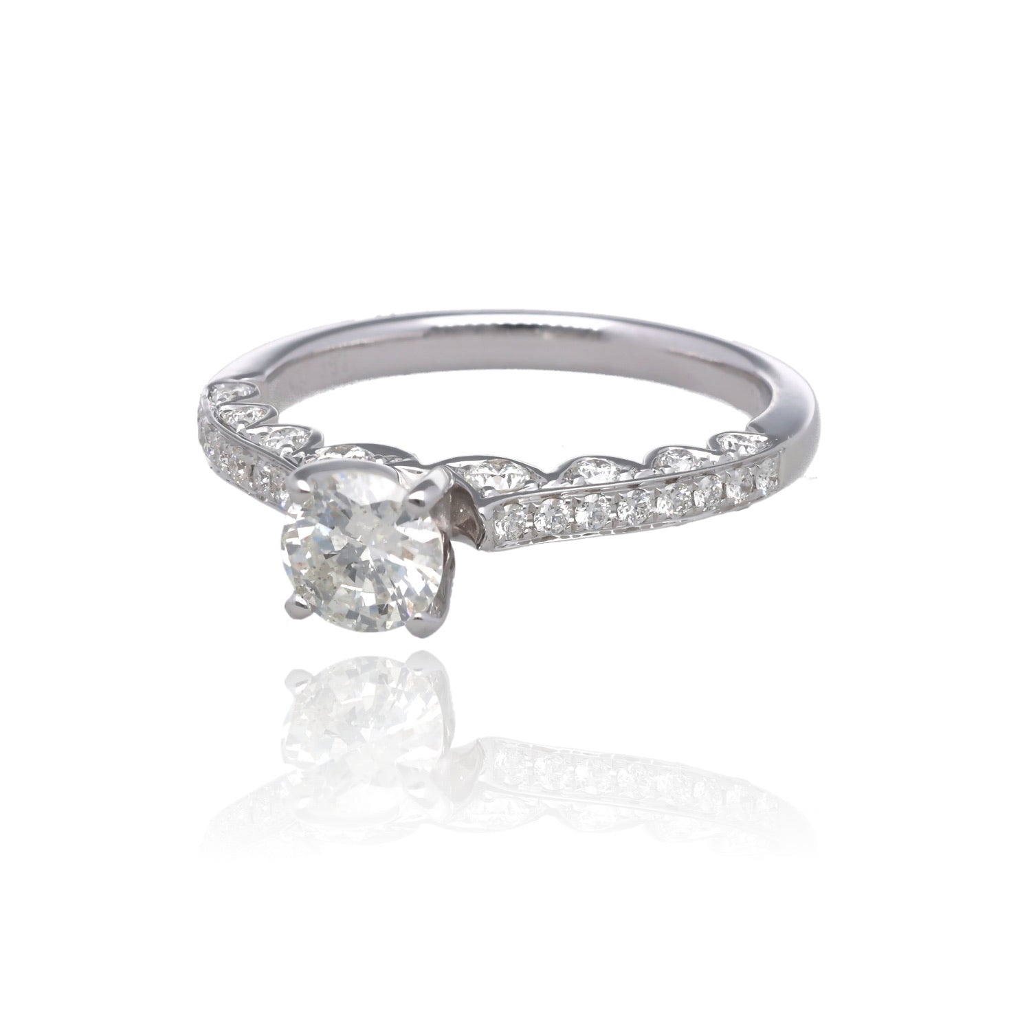Timeless Grace 14K White Gold Natural Diamond Engagement Ring with Scalloped Gallery and Round Diamond