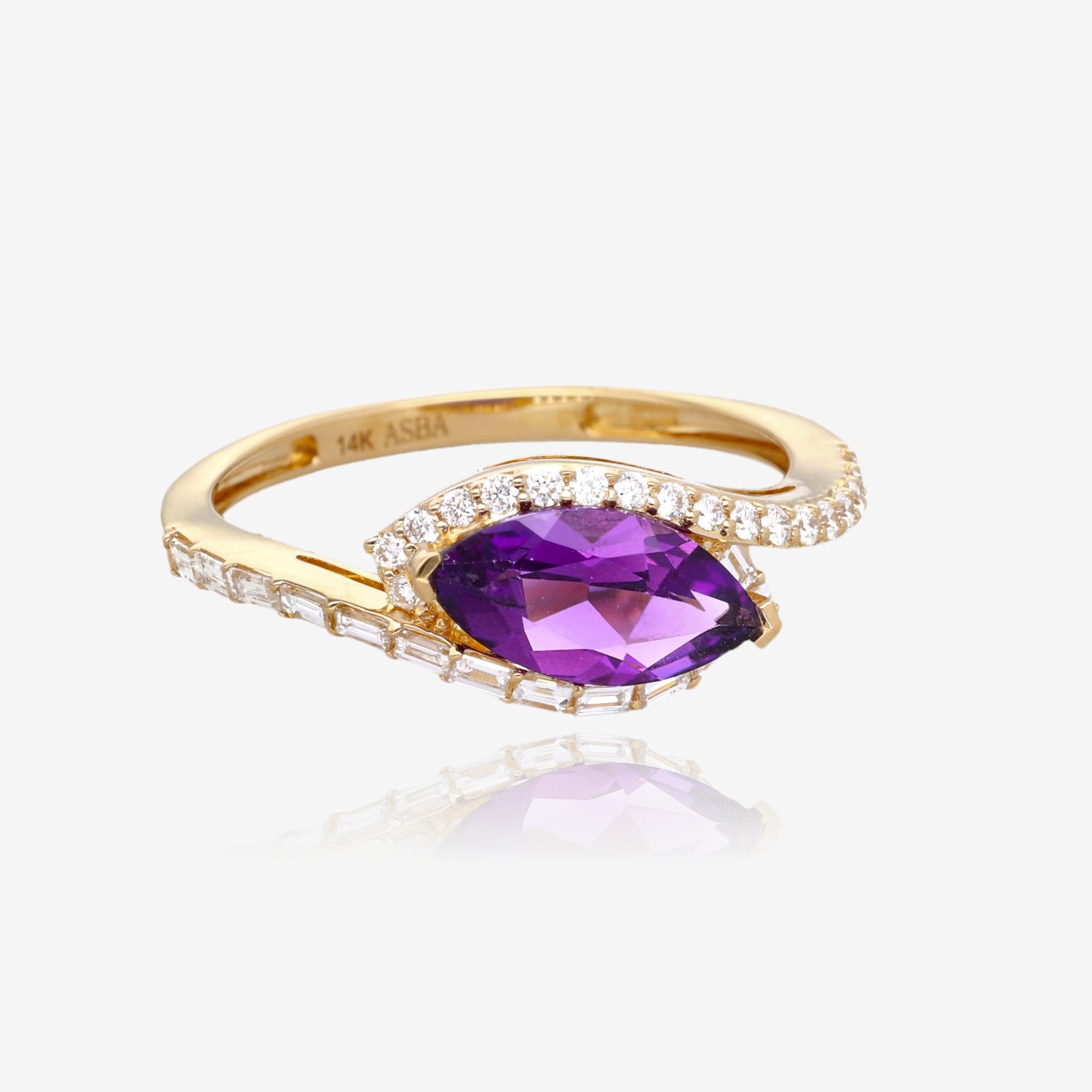 14K Yellow Golden Halo Marquise Amethyst Ring and Diamond Accent