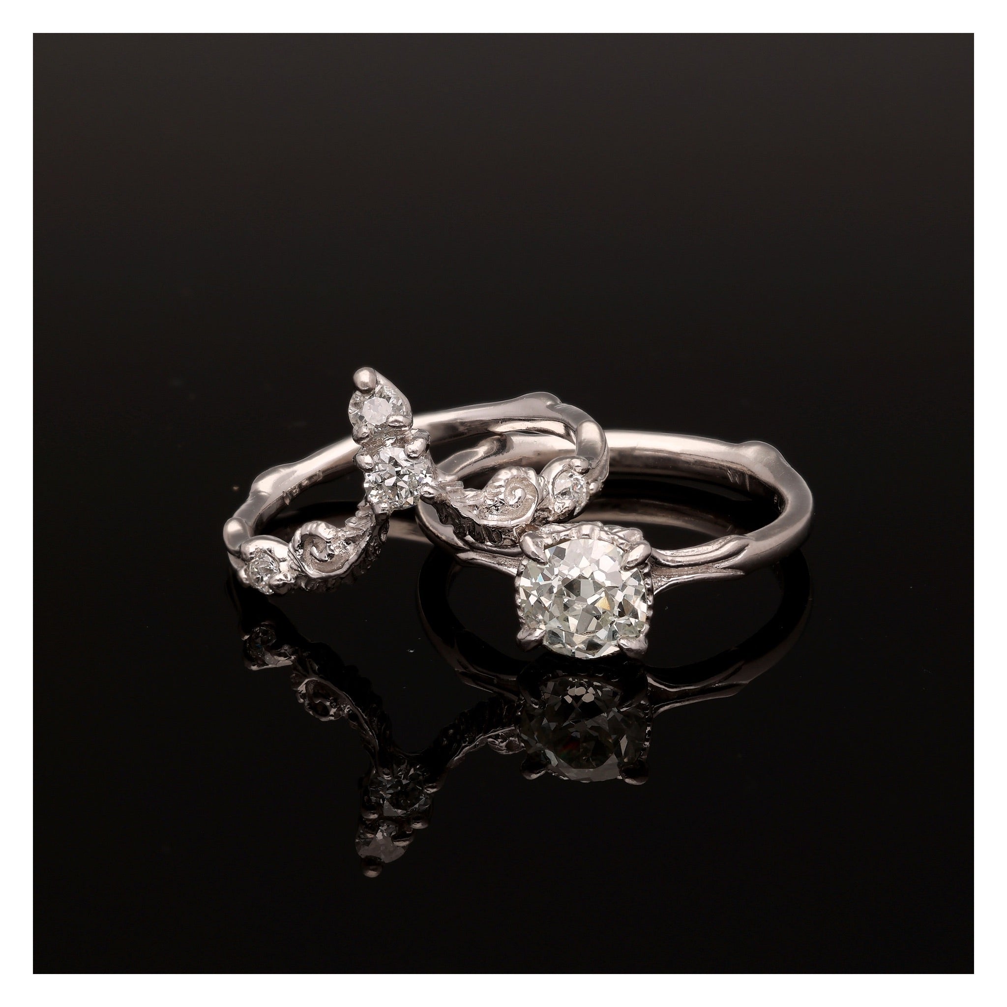 Fiddlehead Fern and Orchid Platinum Wedding Set 1 Carat Old Mine Cut Antique Diamond