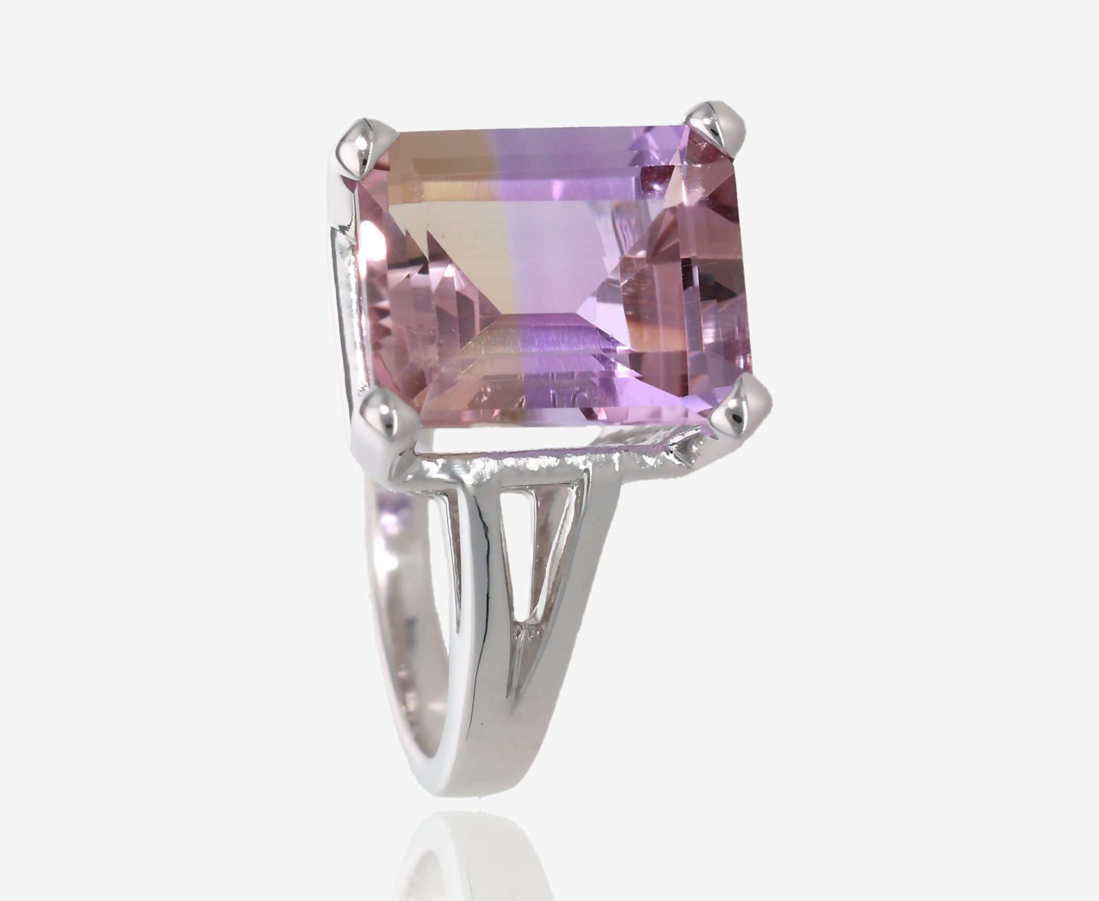 Ametrine Emerald Cut Cathedral Split Ring in Sterling Silver