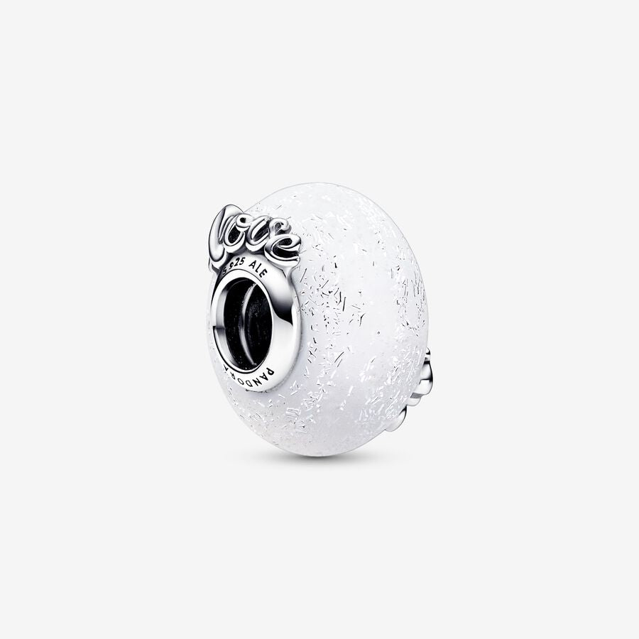 Glittery White Murano Glass Mom & Love Silver Charm