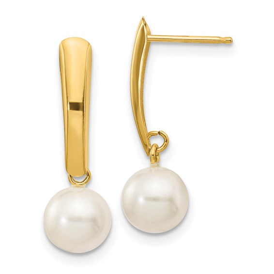 10K 6-7mm White Round Freshwater Cultured Pearl Post Dangle Earrings