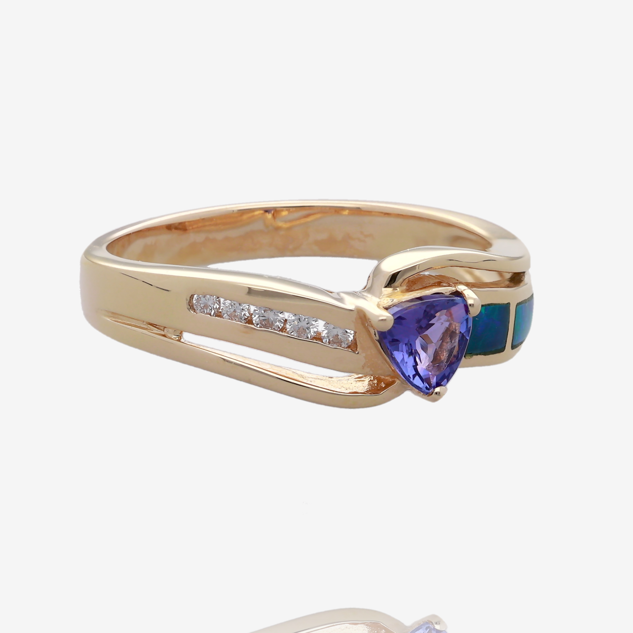 Trillion Tanzanite and Opal Inlay Diamond Bypass Ring in 14K Yellow Gold