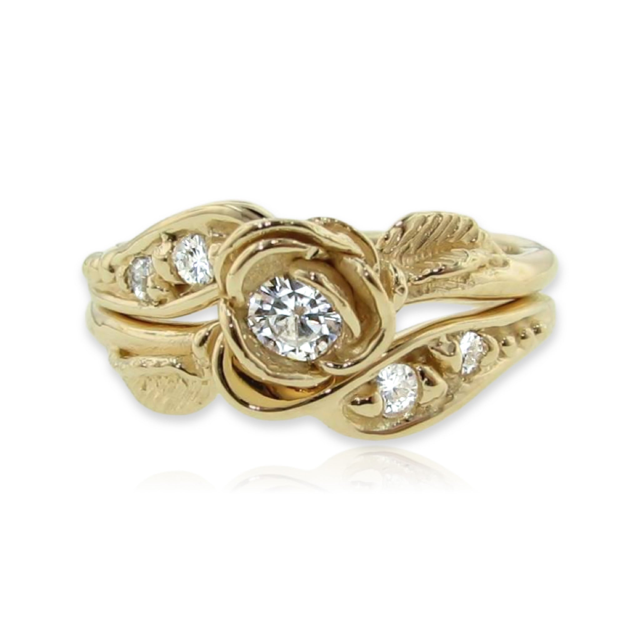 Prize Tea Rose Wedding Ring Set Lab Diamond in Yellow Gold