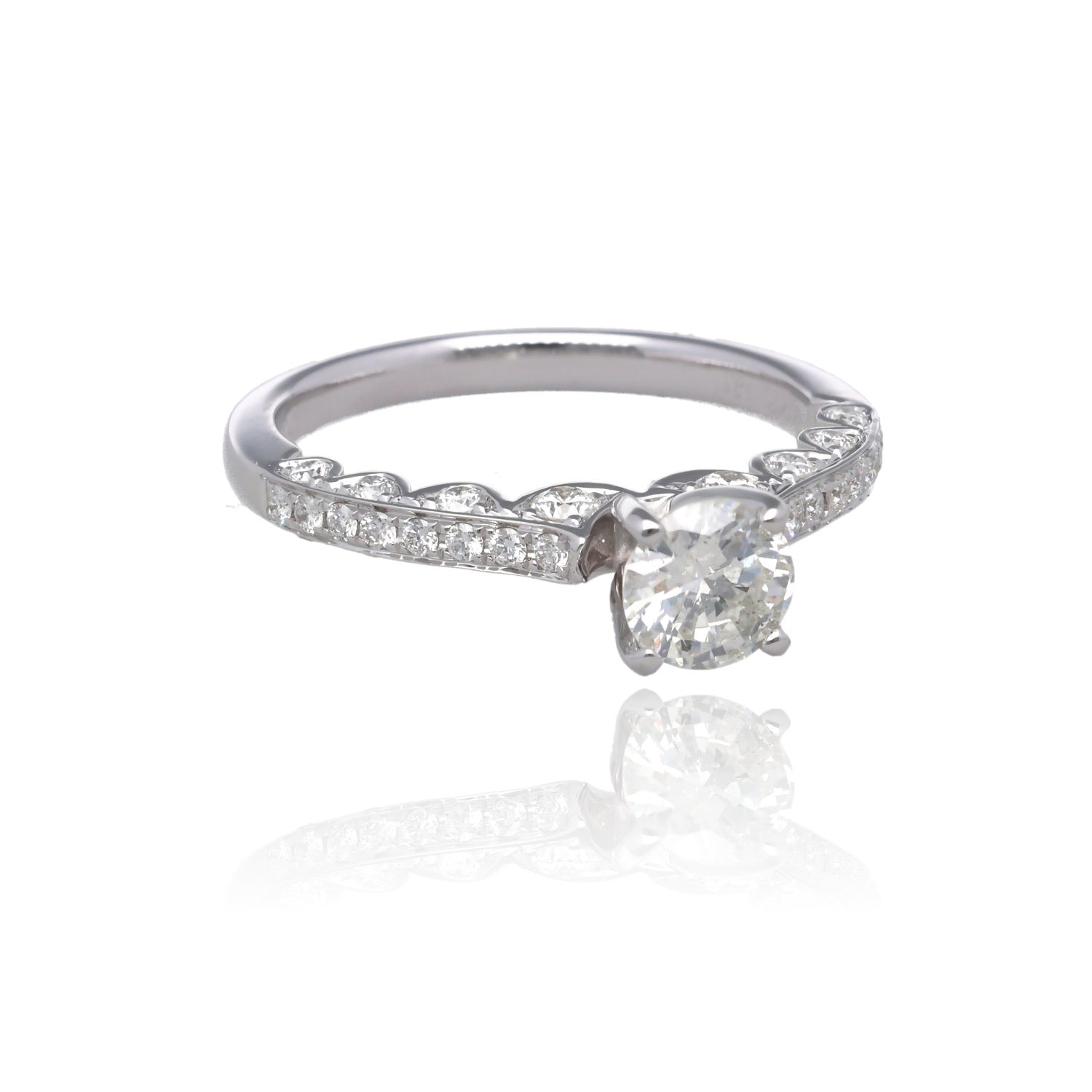 Timeless Grace 14K White Gold Natural Diamond Engagement Ring with Scalloped Gallery and Round Diamond