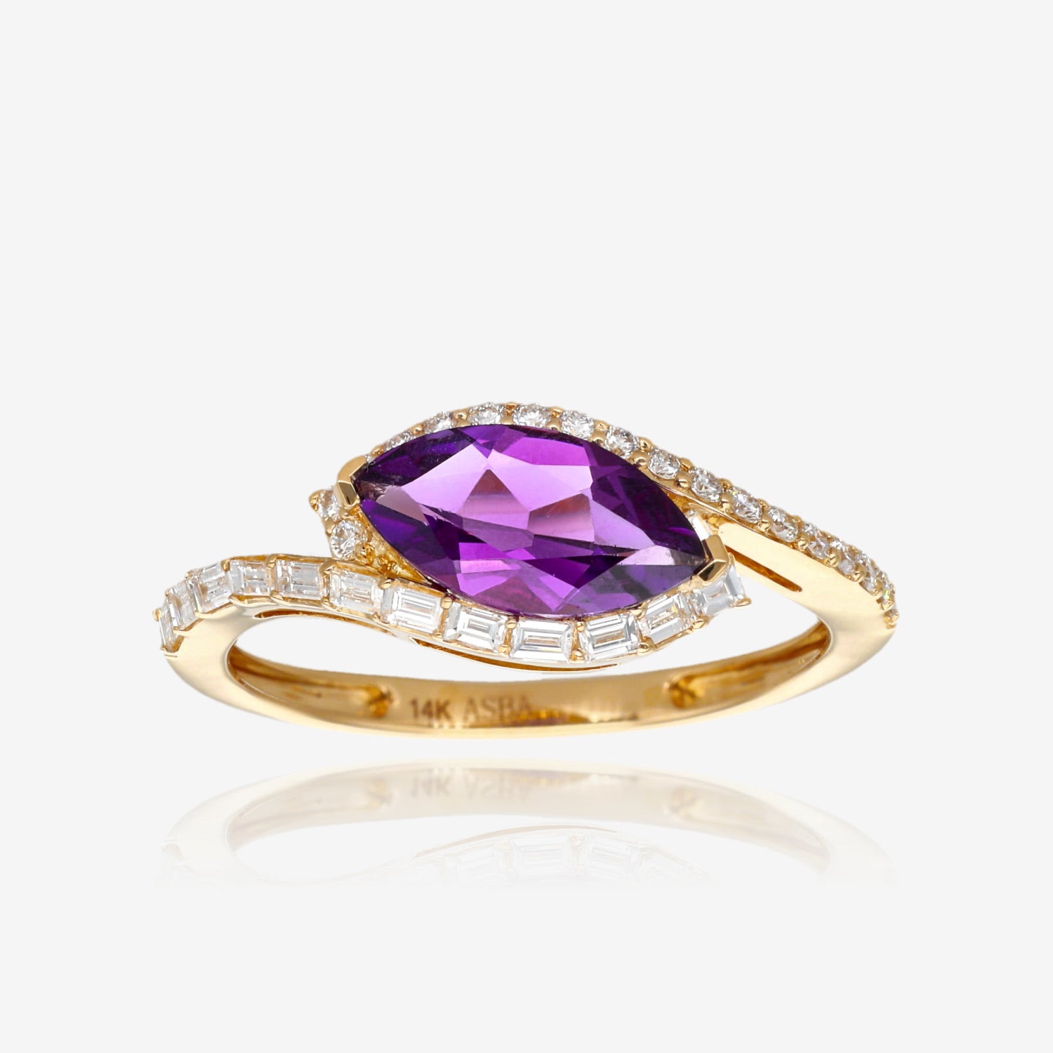 14K Yellow Golden Halo Marquise Amethyst Ring and Diamond Accent