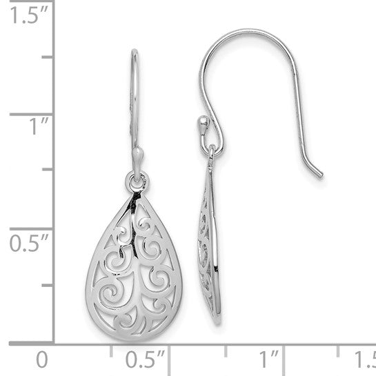 Sterling Silver Rhodium-plated Polished Filigree Teardrop Dangle Earrings