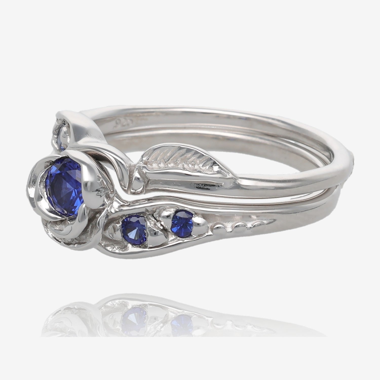 Prize Tea Rose Wedding Set Sterling Silver and Blue Lab Sapphire