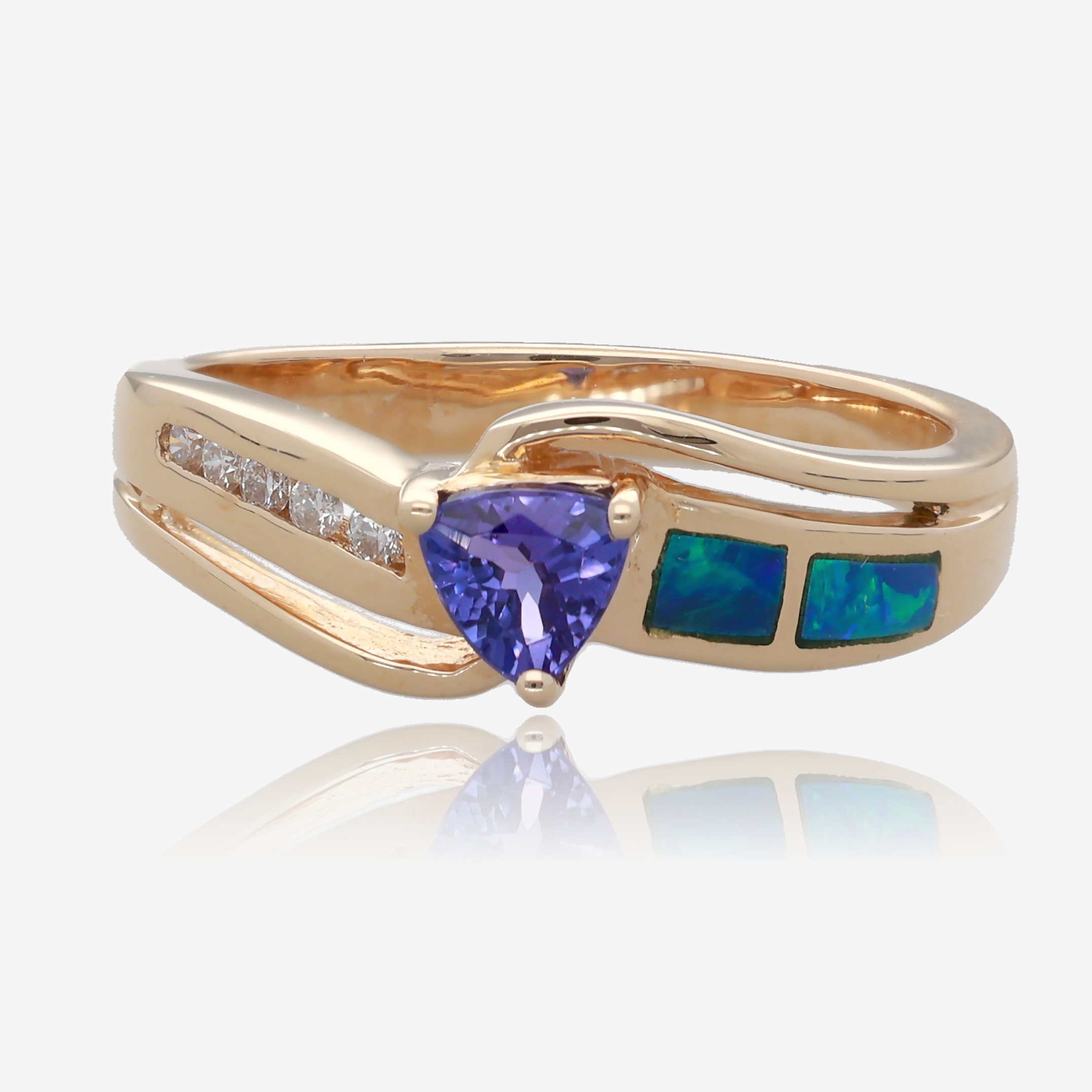 Trillion Tanzanite and Opal Inlay Diamond Bypass Ring in 14K Yellow Gold