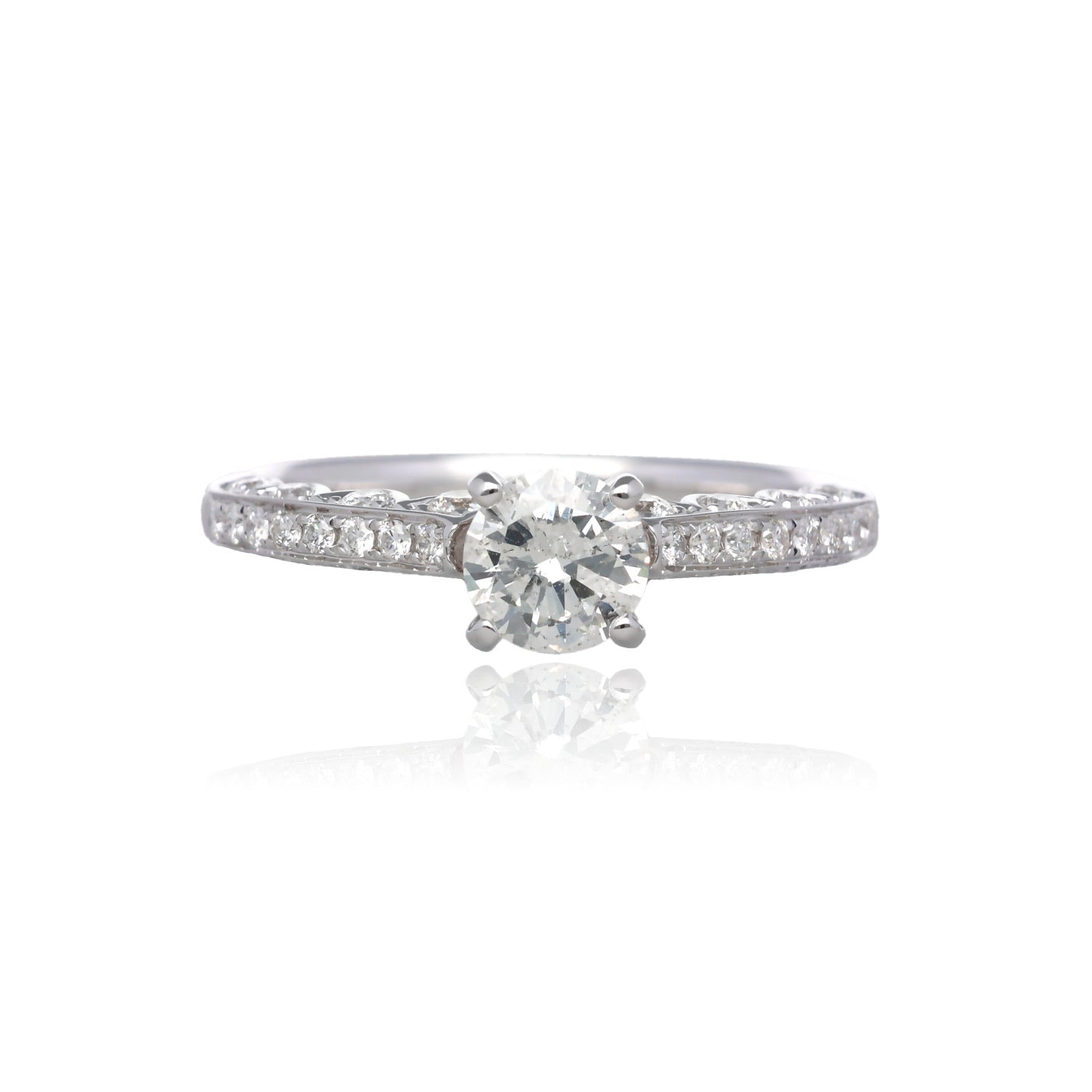 Timeless Grace 14K White Gold Natural Diamond Engagement Ring with Scalloped Gallery and Round Diamond