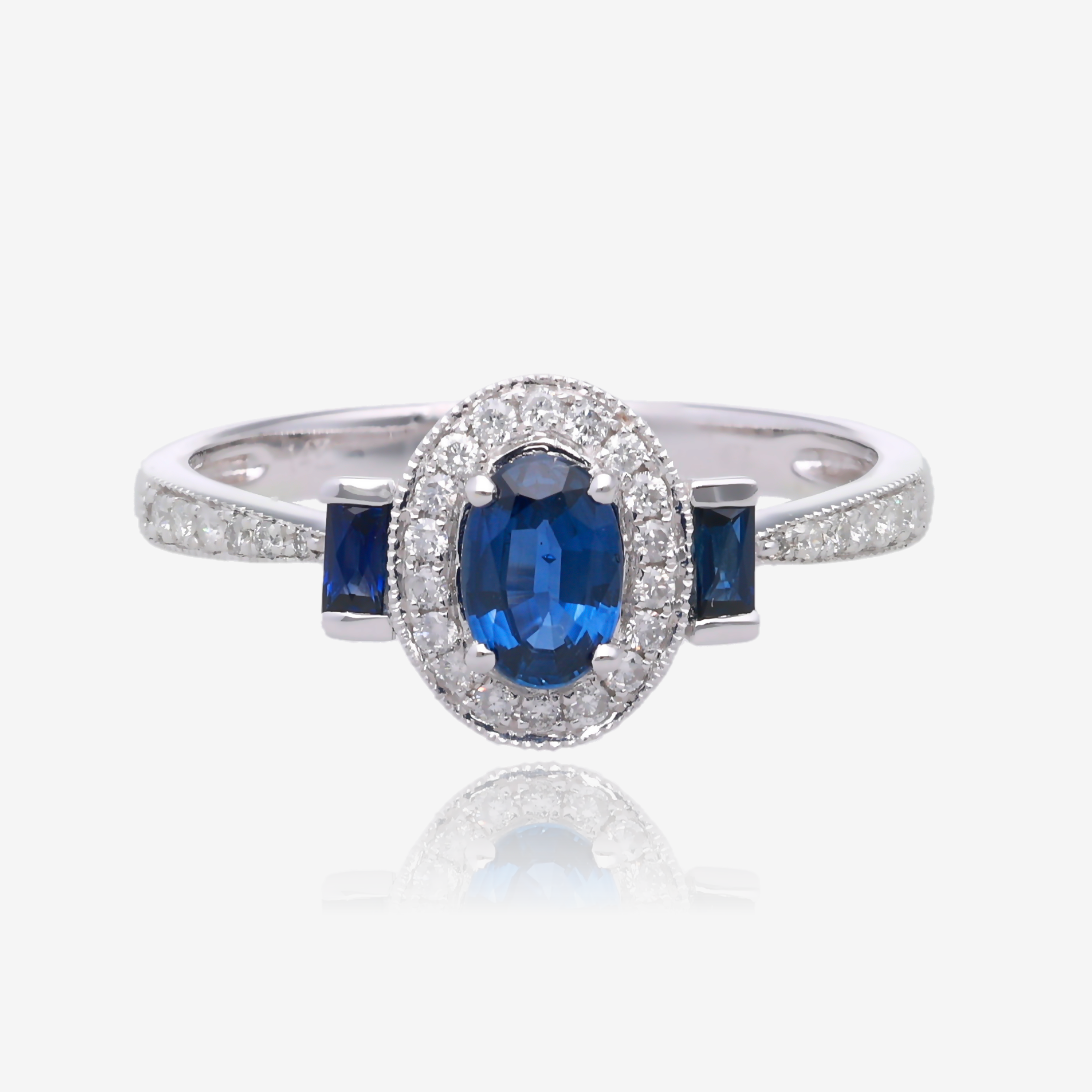 Oval Sapphire and Diamond Vintage Halo Ring in 14K White Gold