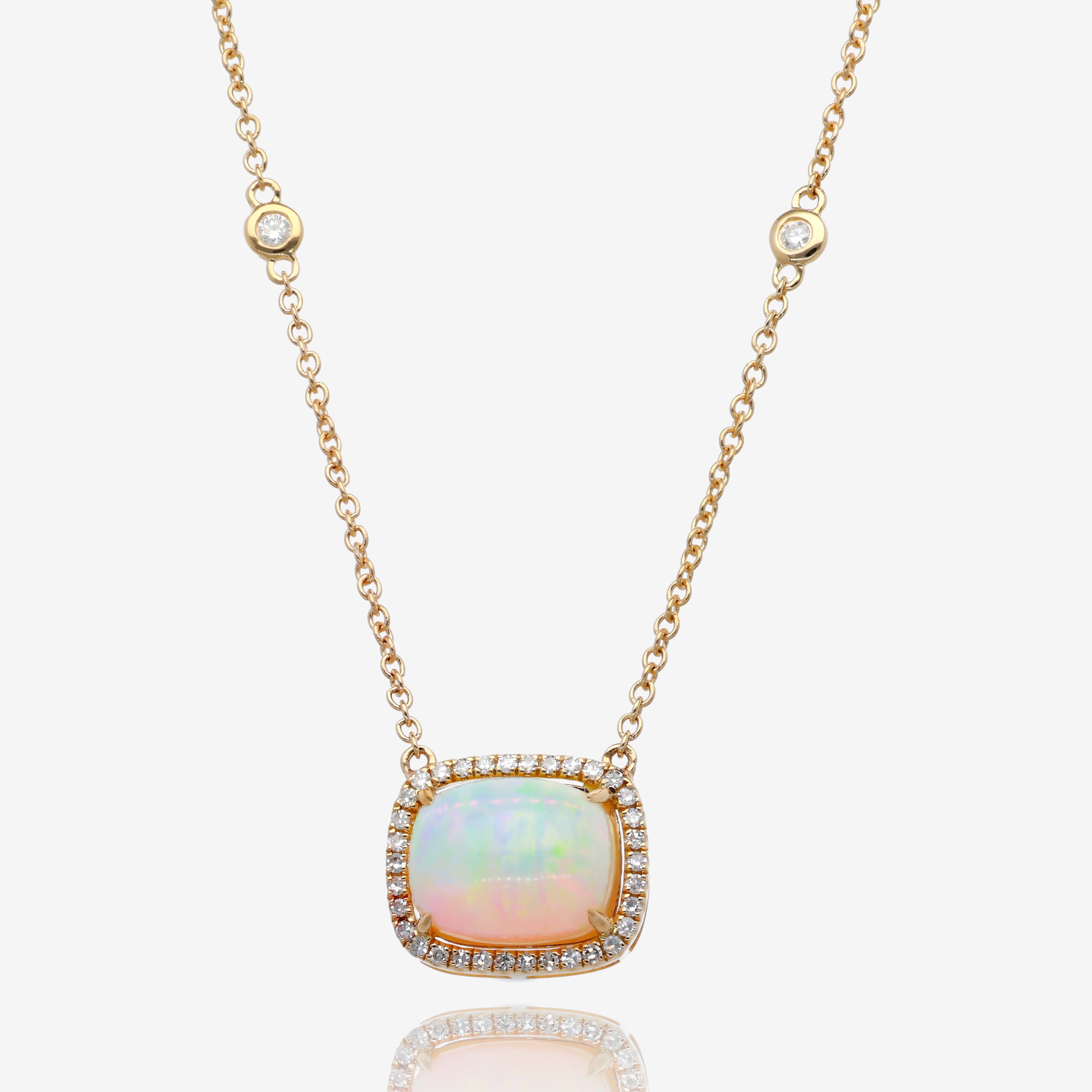 Opal Cushion Halo Pendant in 14K Yellow Gold
