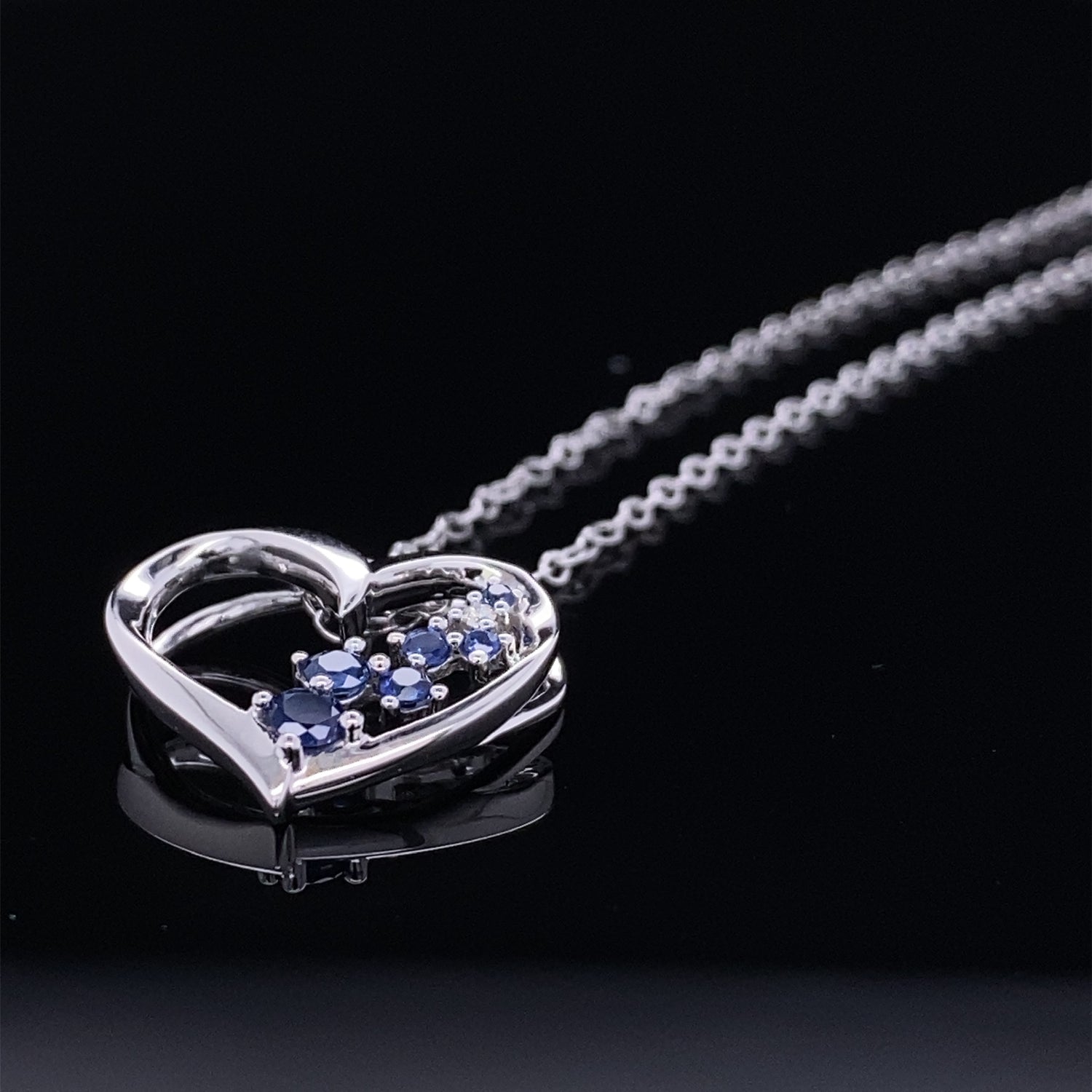 Scattered Blue Sapphire Floating Heart Necklace