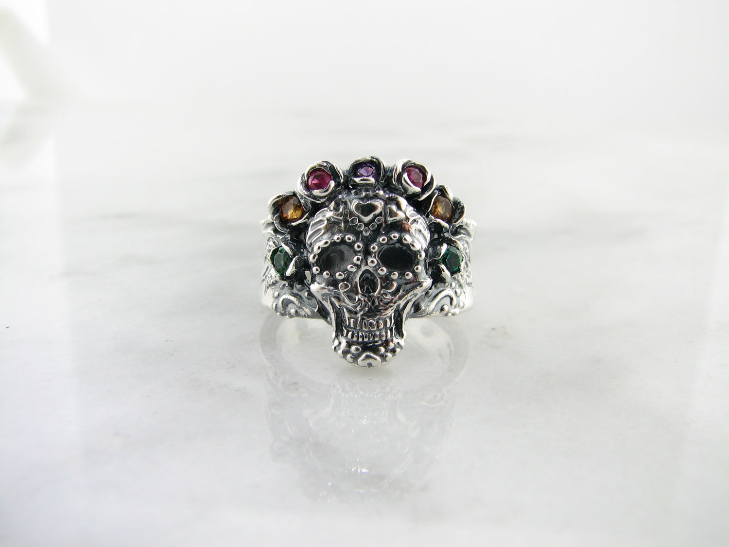 Silver Multi Gemstone Ring, Sugar Skull Calavera Crown