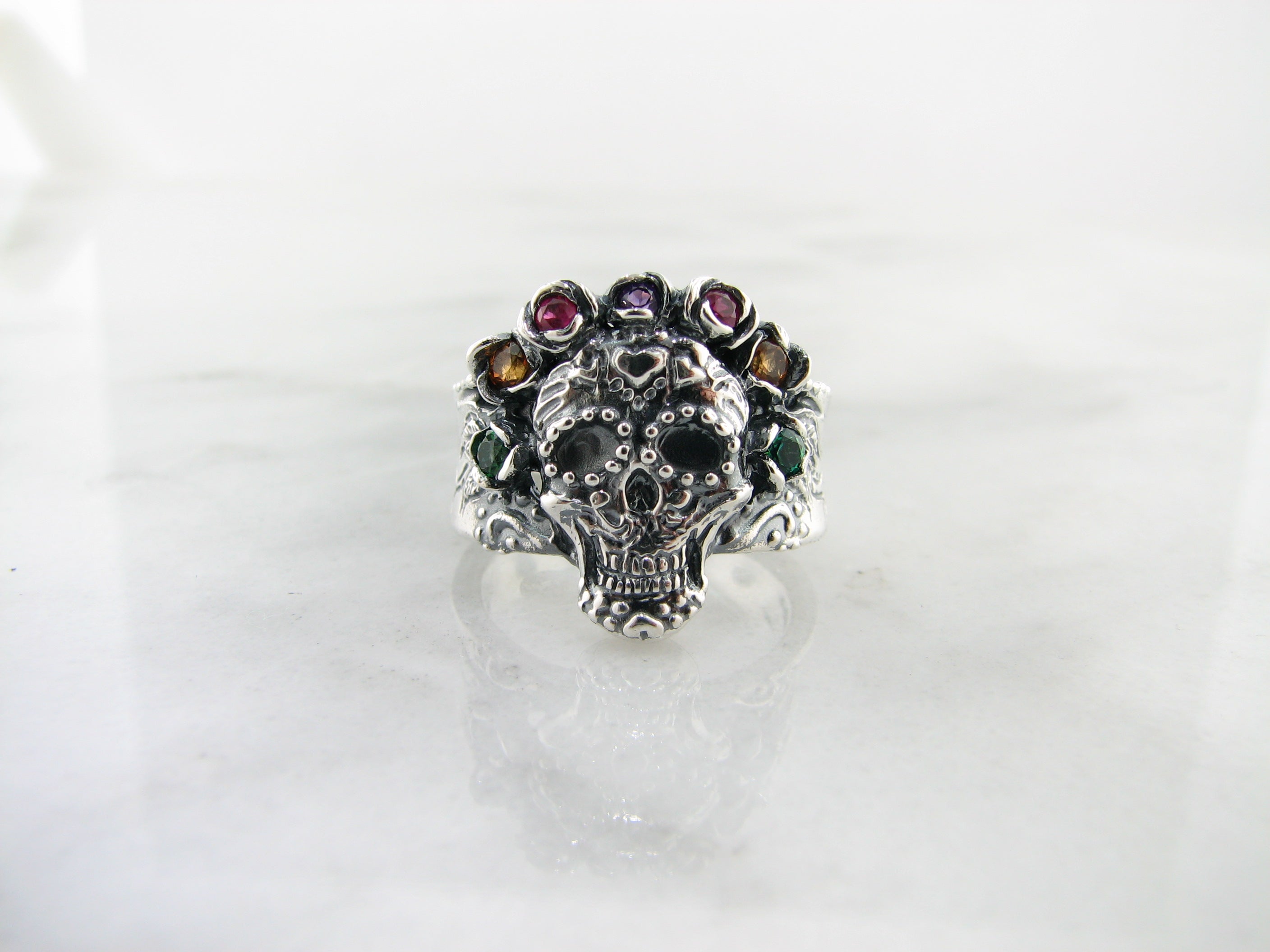 Silver Multi Gemstone Ring, Sugar Skull Calavera Crown