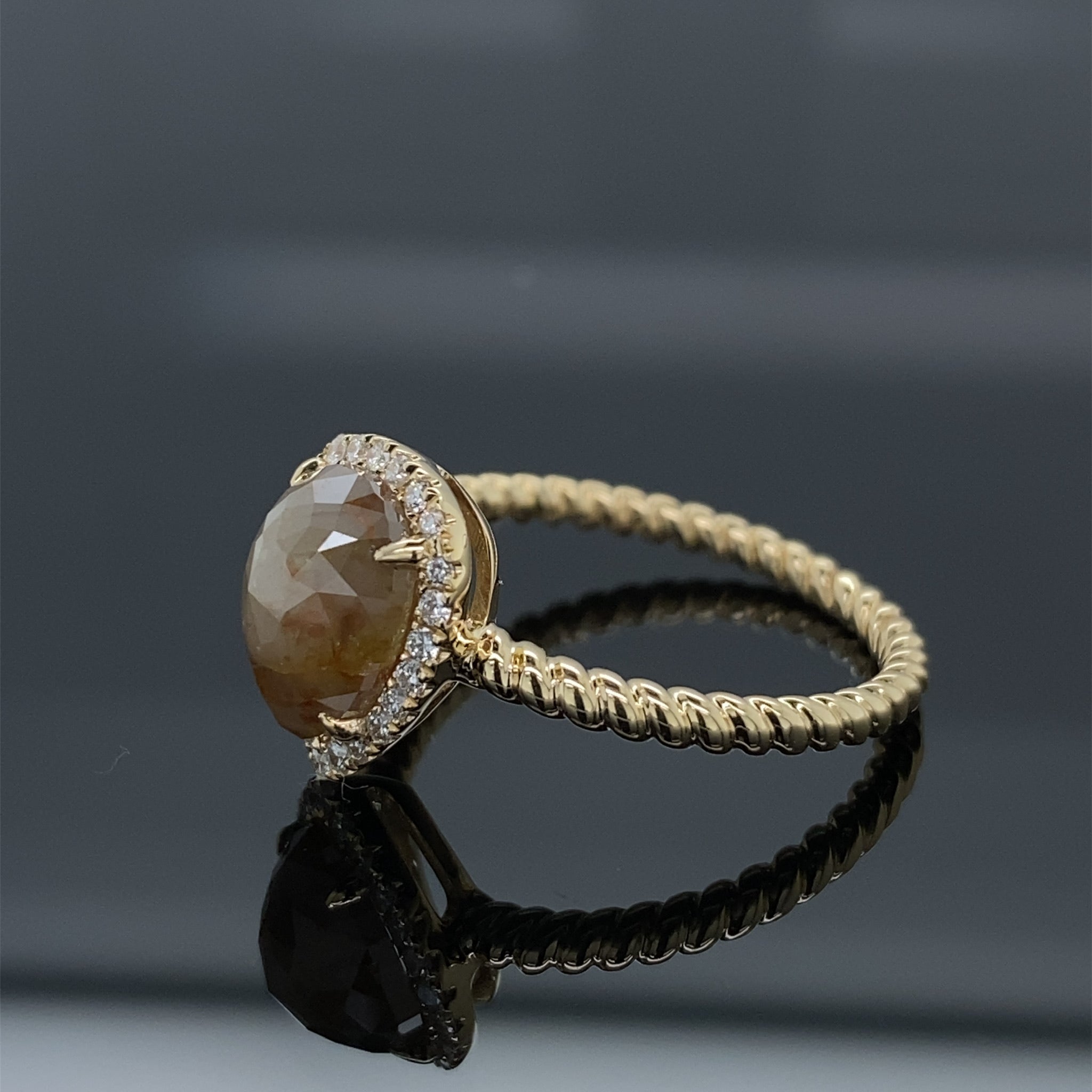 1.88ct Silvery Butterscotch Rough Rose Cut Pear Diamond Halo Engagement Ring 14k Yellow Gold