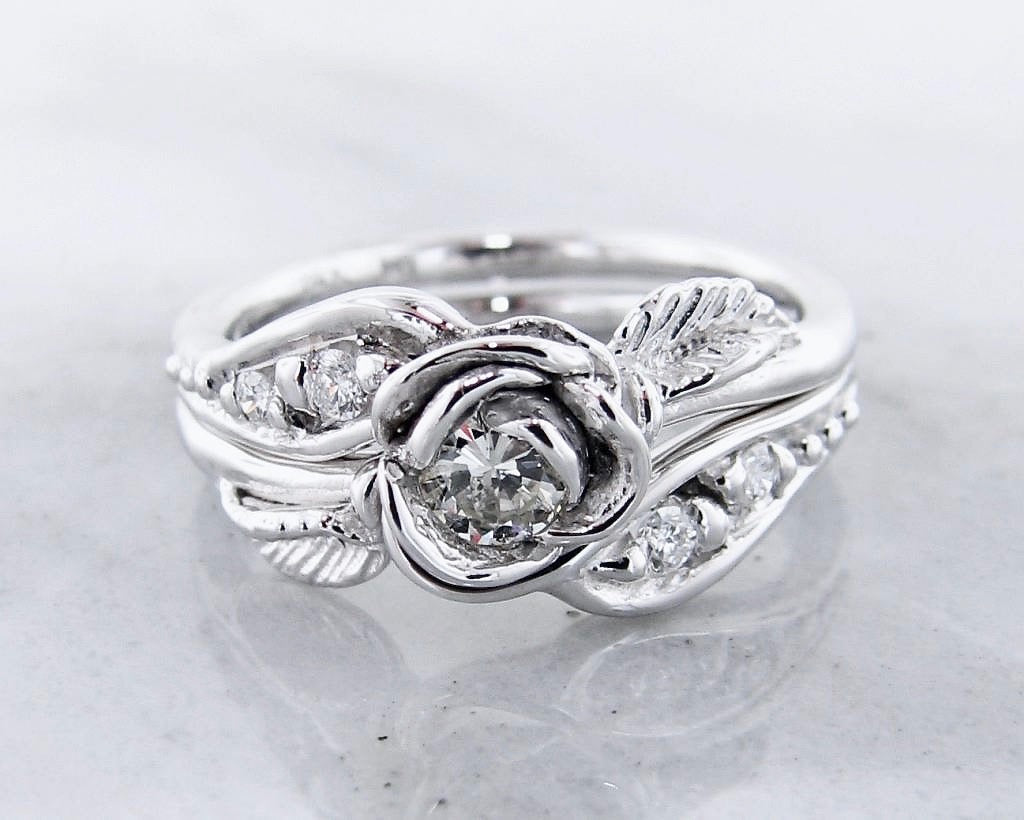 Diamond White Gold Wedding Ring Set, Prize Tea Rose