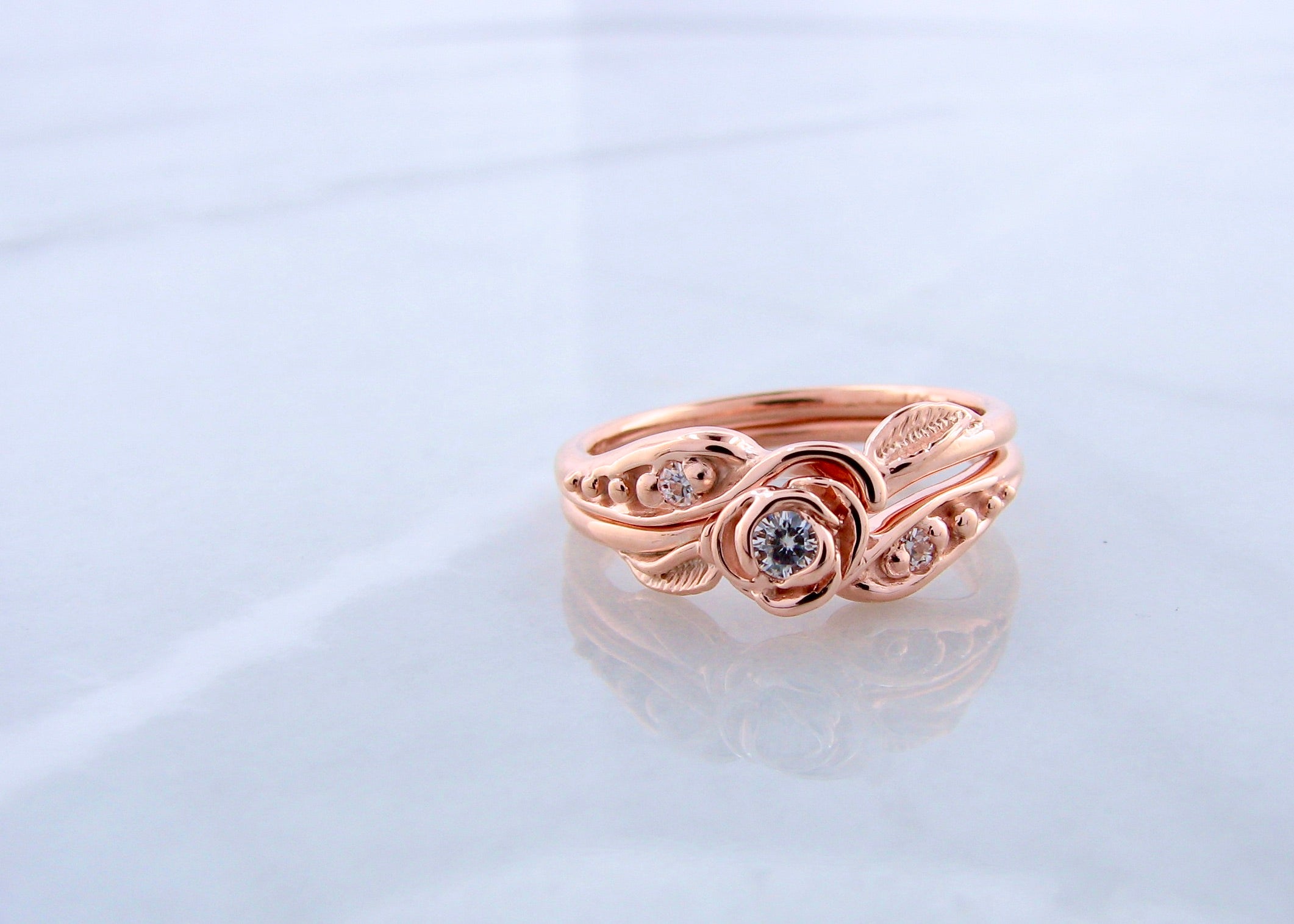 Moissanite Rose Gold Wedding Set, Tea Rose