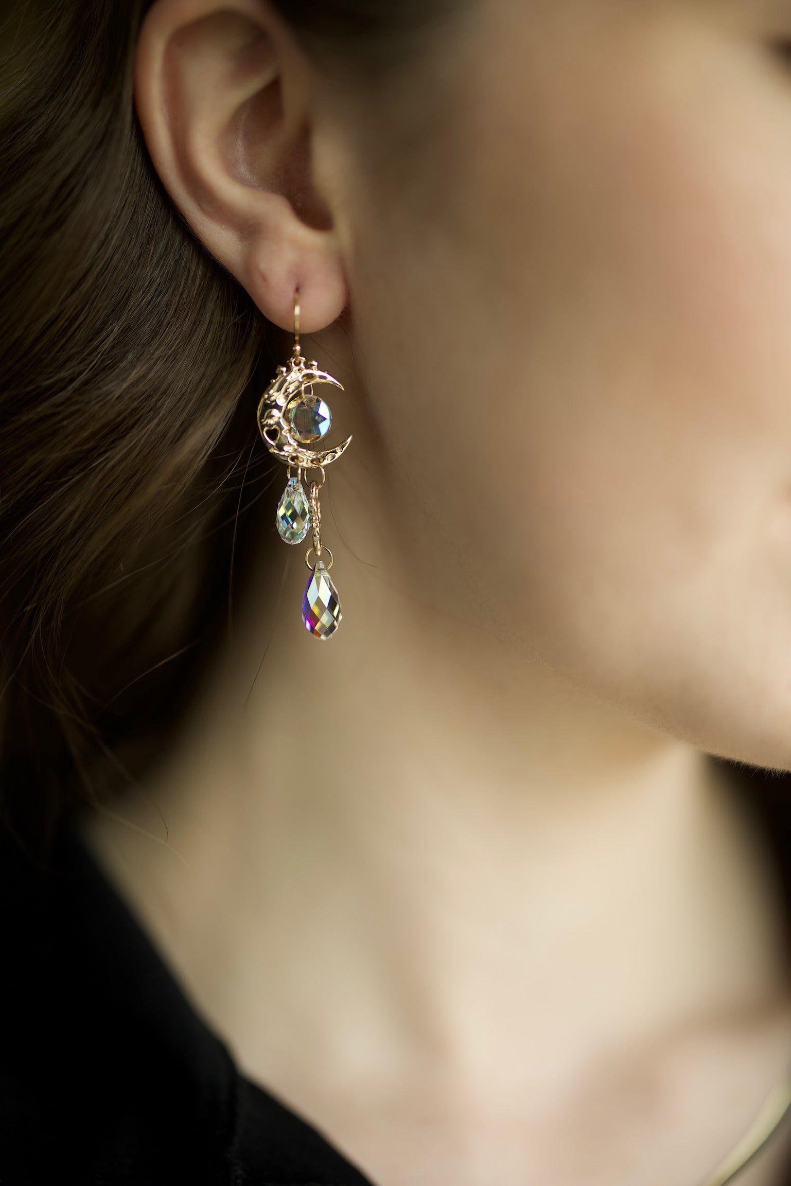 Rose Gold Crystal Dangle Earrings, Pink Moon