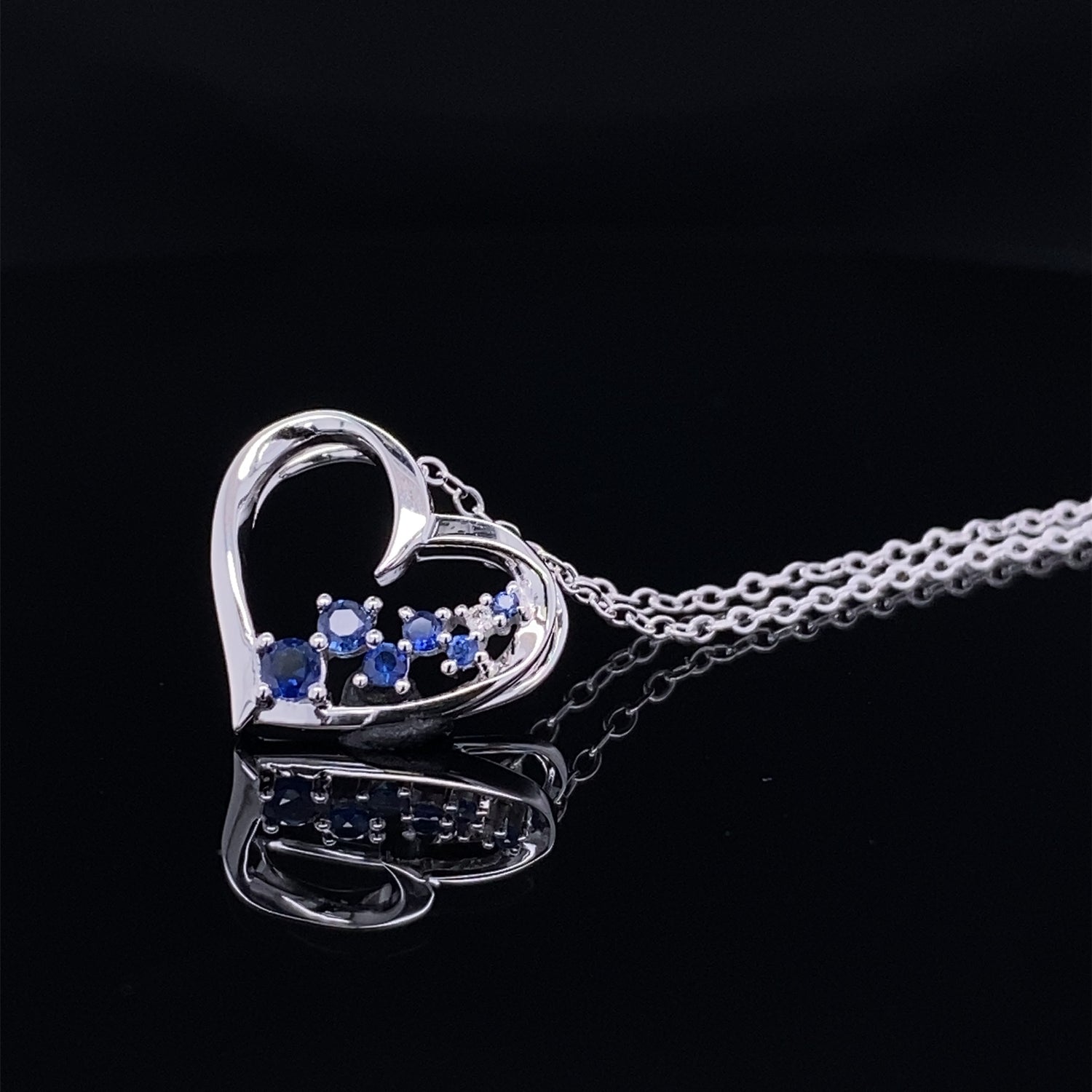 Scattered Blue Sapphire Floating Heart Necklace