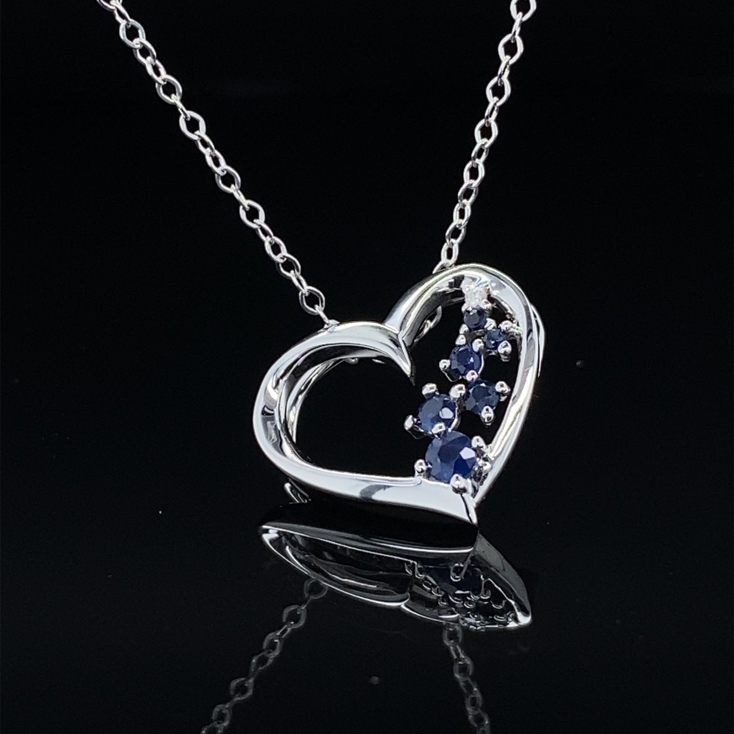 Scattered Blue Sapphire Floating Heart Necklace