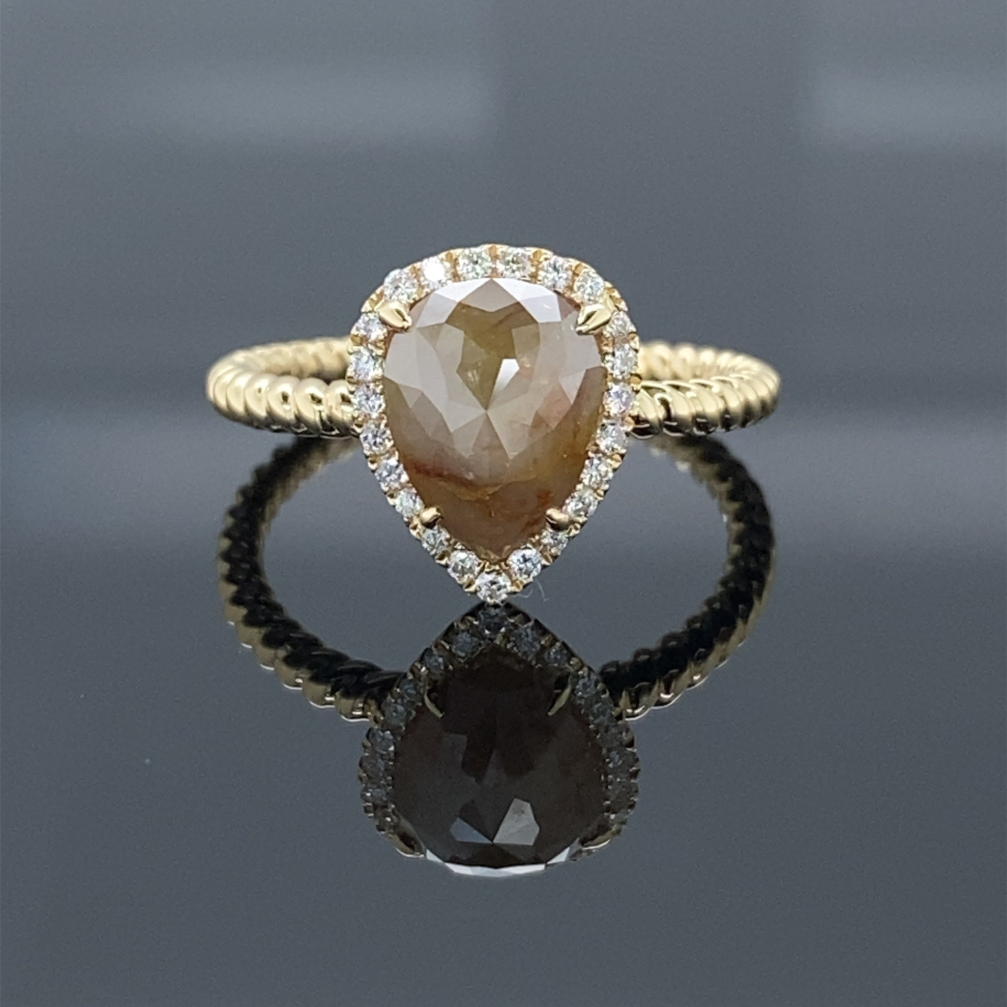 1.88ct Silvery Butterscotch Rough Rose Cut Pear Diamond Halo Engagement Ring 14k Yellow Gold