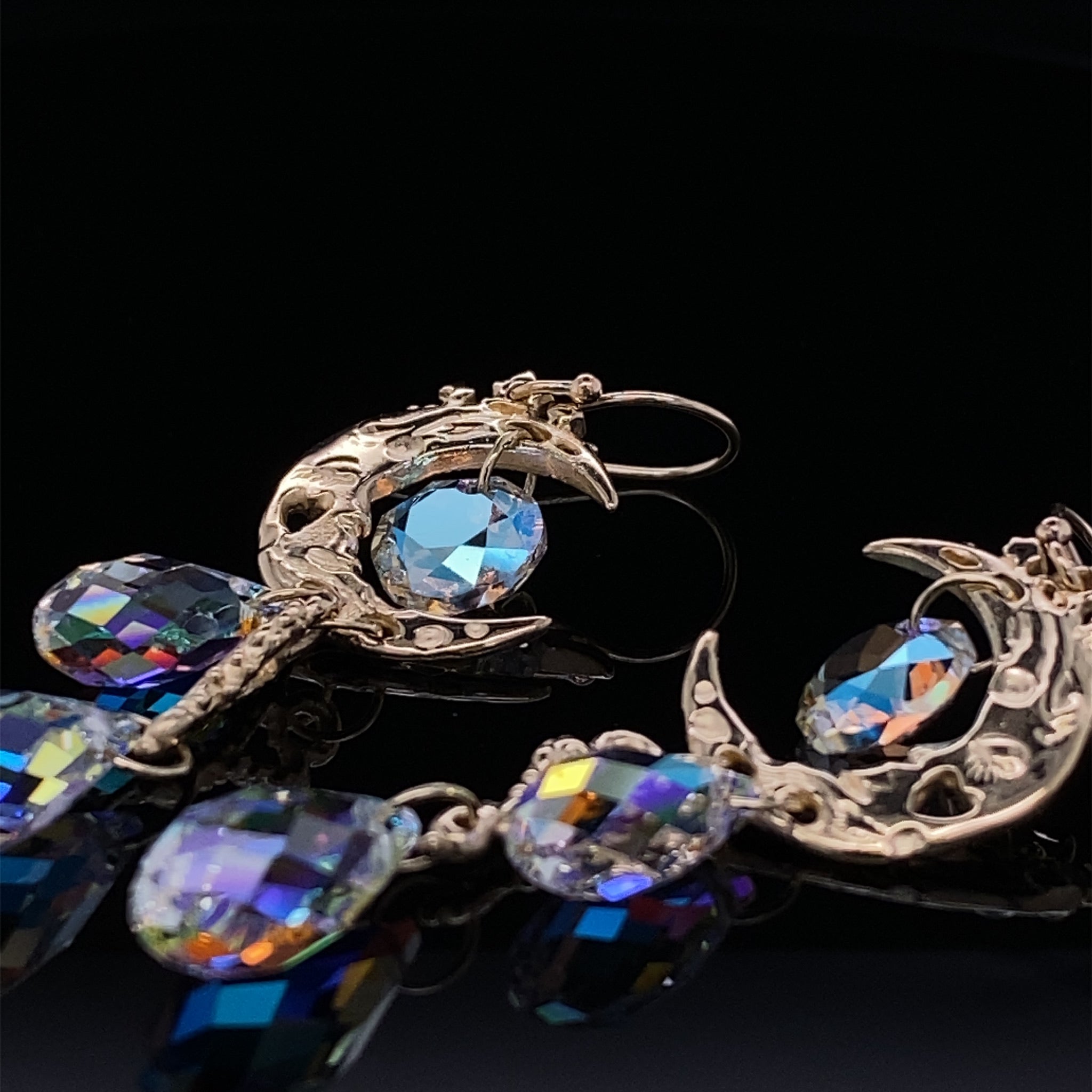 Rose Gold Crystal Dangle Earrings, Pink Moon