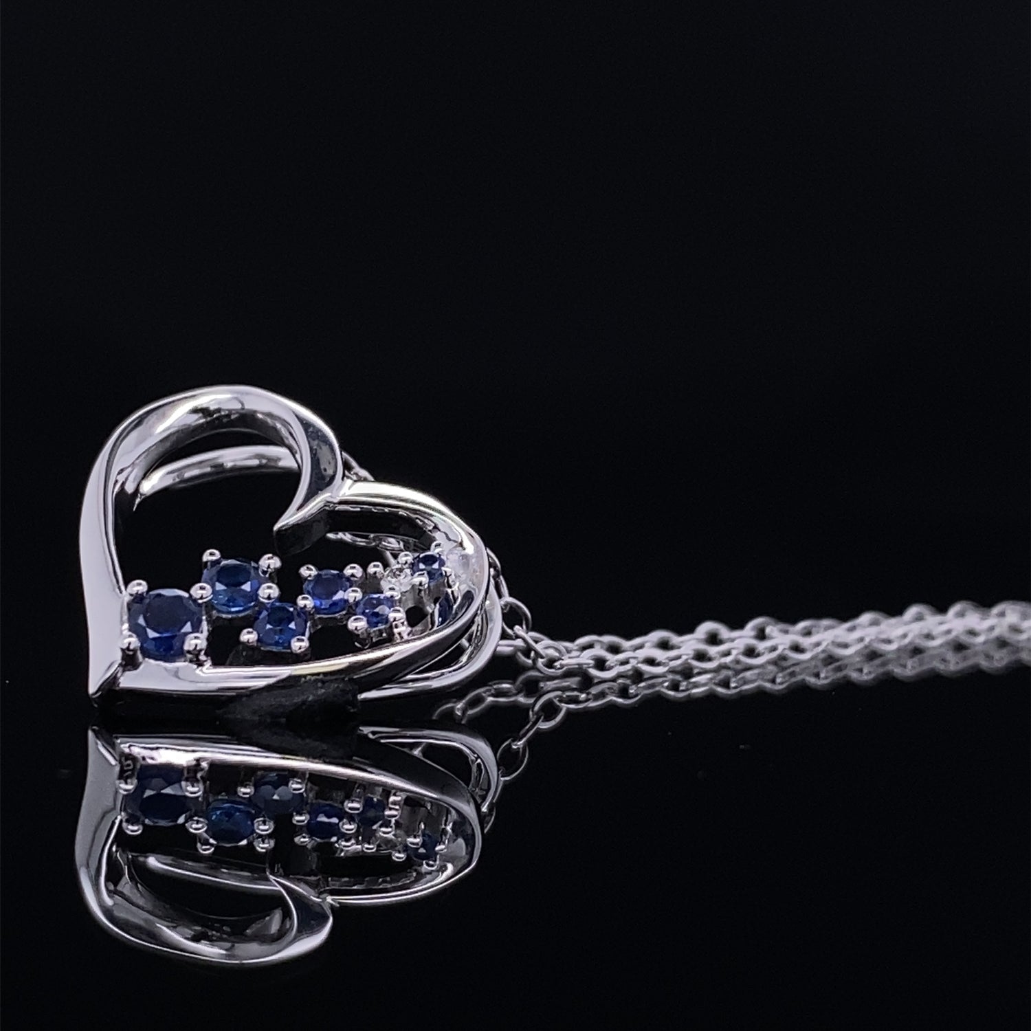 Scattered Blue Sapphire Floating Heart Necklace