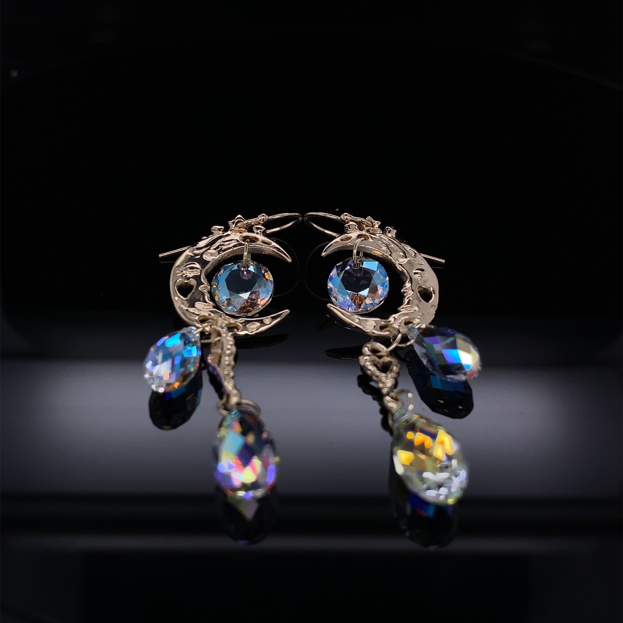 Rose Gold Crystal Dangle Earrings, Pink Moon