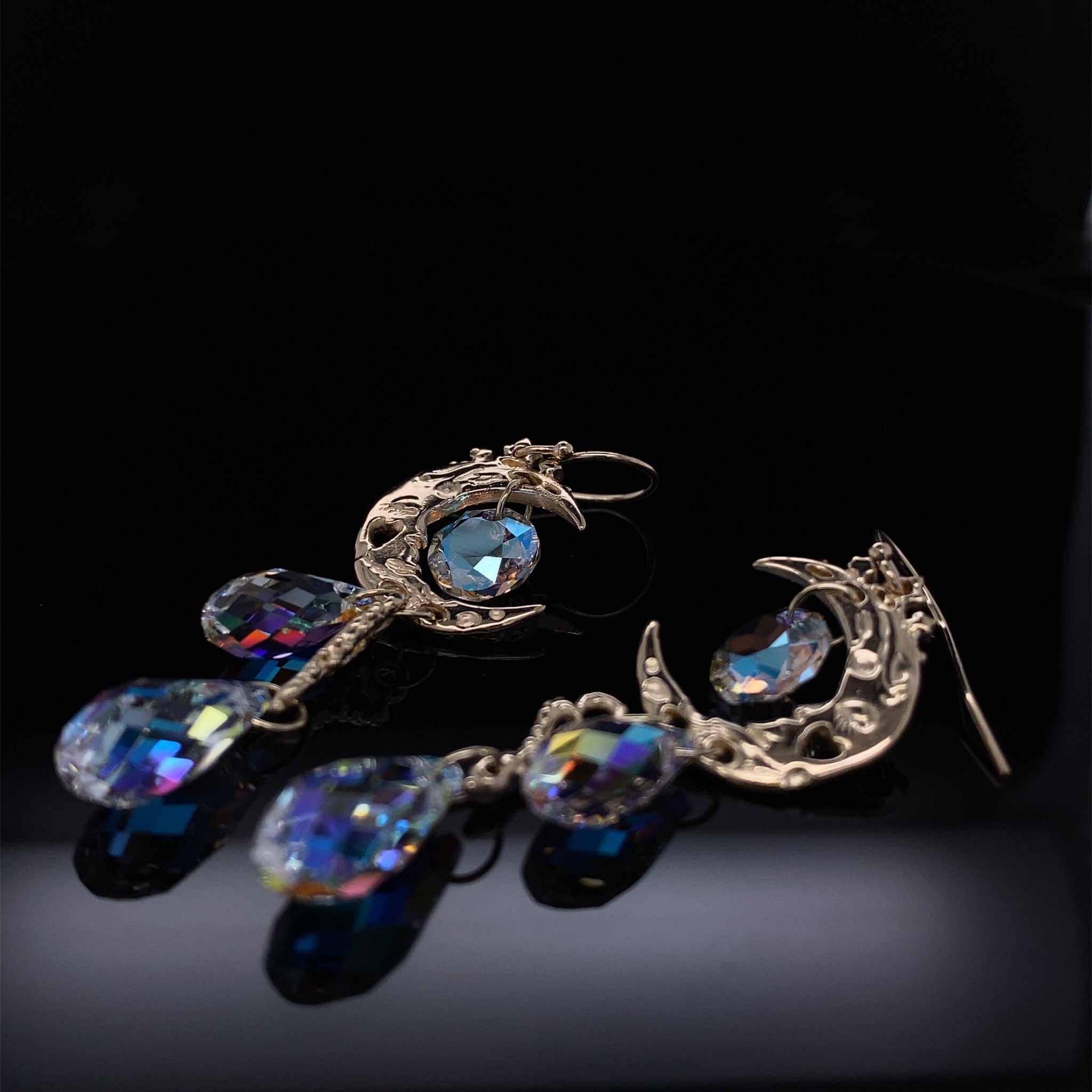 Rose Gold Crystal Dangle Earrings, Pink Moon