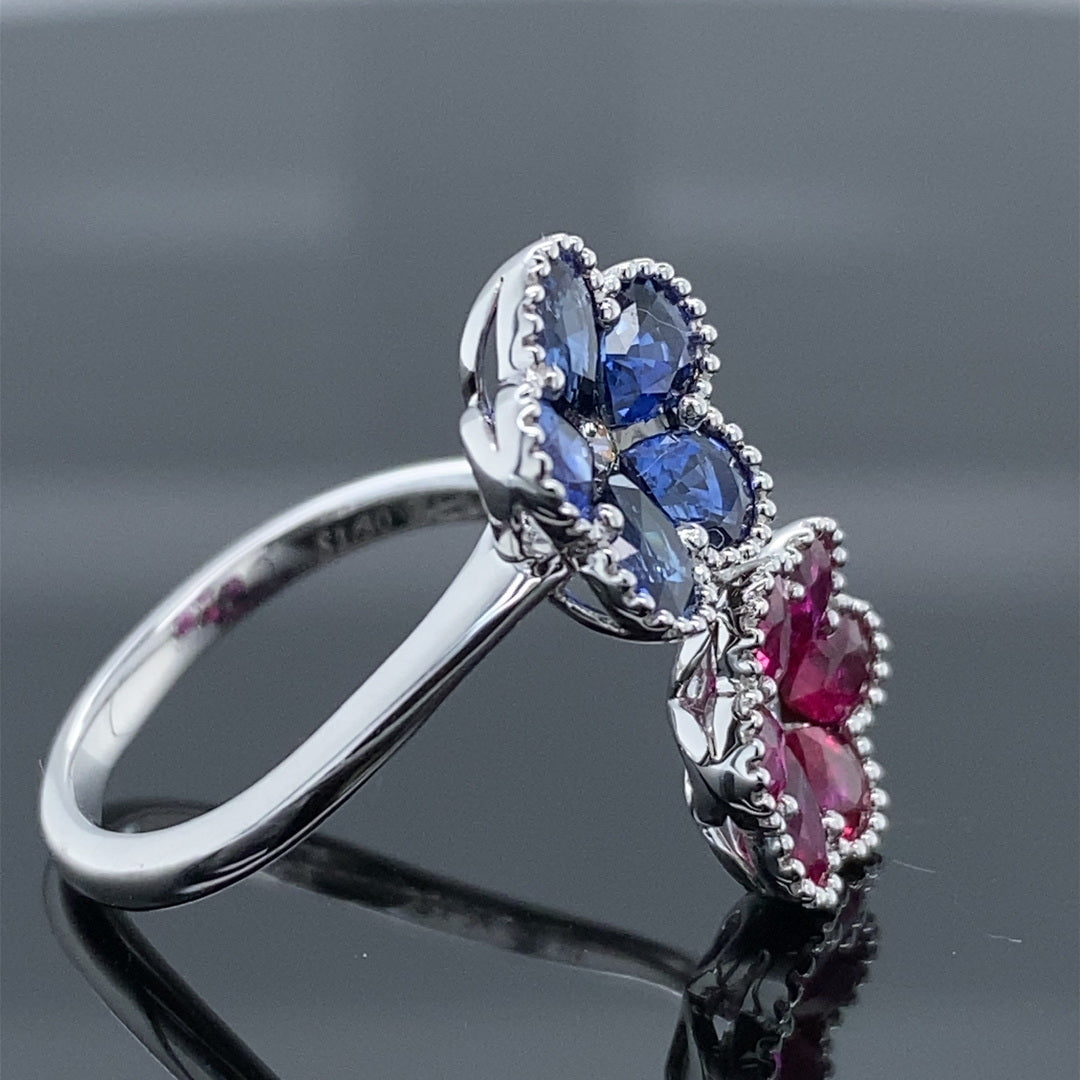 1.3CT Blue Sapphire & 1.24CT Ruby Precious .10CT DIA Petals Ring