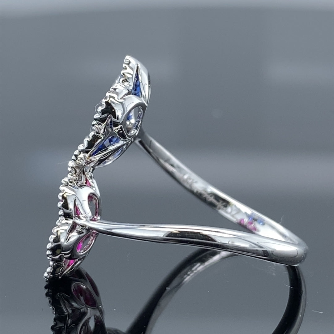 1.3CT Blue Sapphire & 1.24CT Ruby Precious .10CT DIA Petals Ring