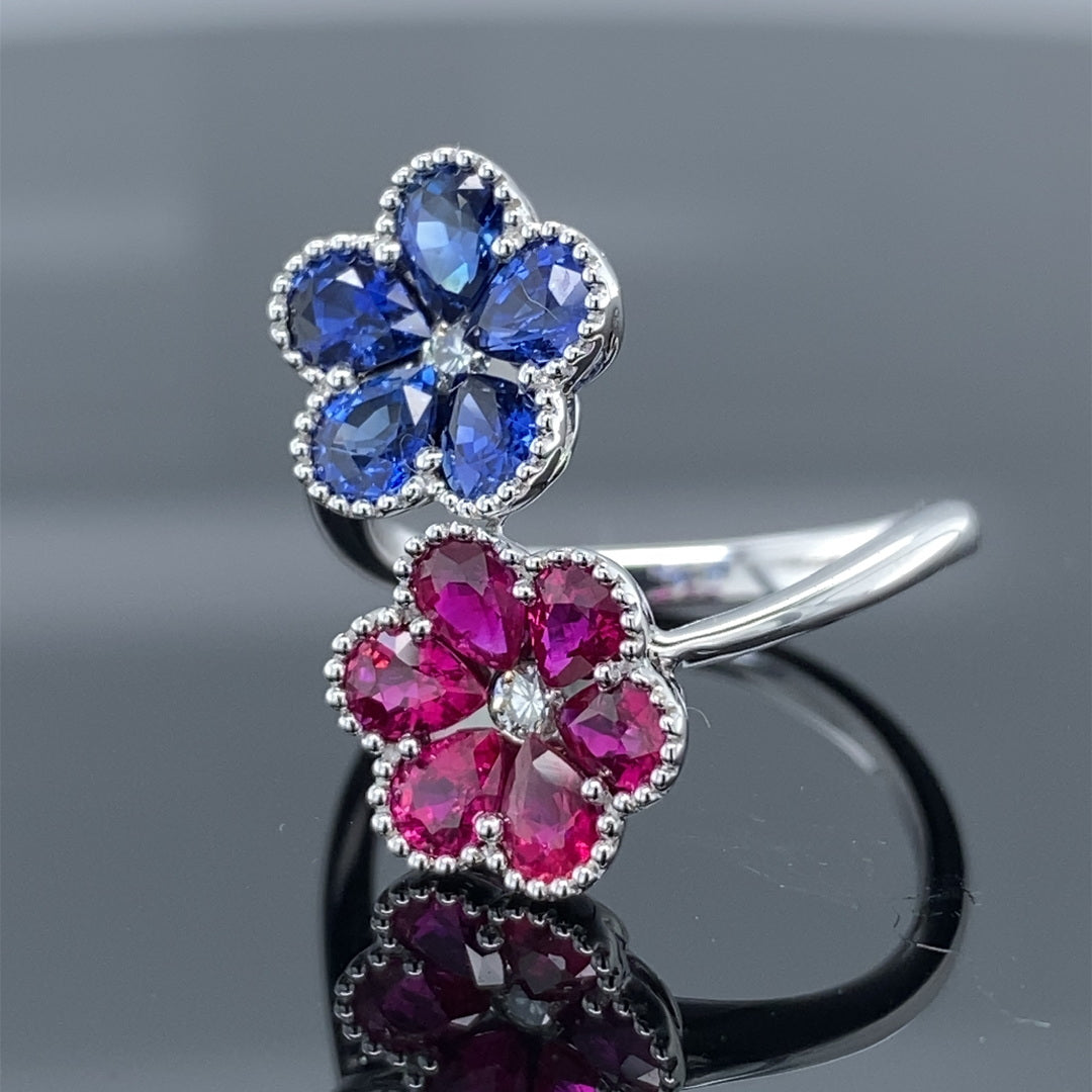 1.3CT Blue Sapphire & 1.24CT Ruby Precious .10CT DIA Petals Ring
