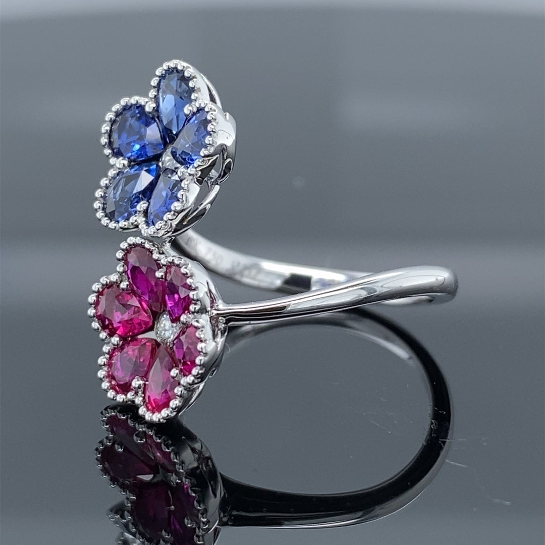 1.3CT Blue Sapphire & 1.24CT Ruby Precious .10CT DIA Petals Ring