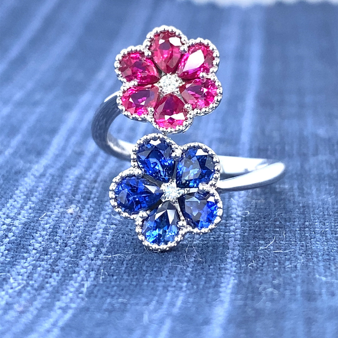1.3CT Blue Sapphire & 1.24CT Ruby Precious .10CT DIA Petals Ring