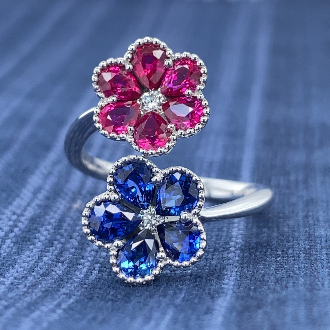 1.3CT Blue Sapphire & 1.24CT Ruby Precious .10CT DIA Petals Ring