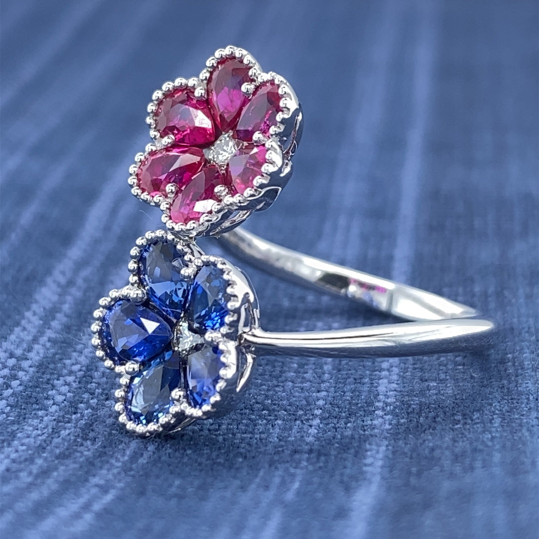 1.3CT Blue Sapphire & 1.24CT Ruby Precious .10CT DIA Petals Ring