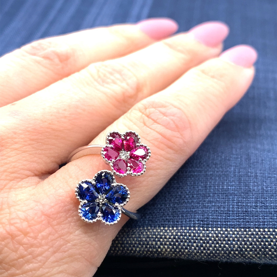1.3CT Blue Sapphire & 1.24CT Ruby Precious .10CT DIA Petals Ring