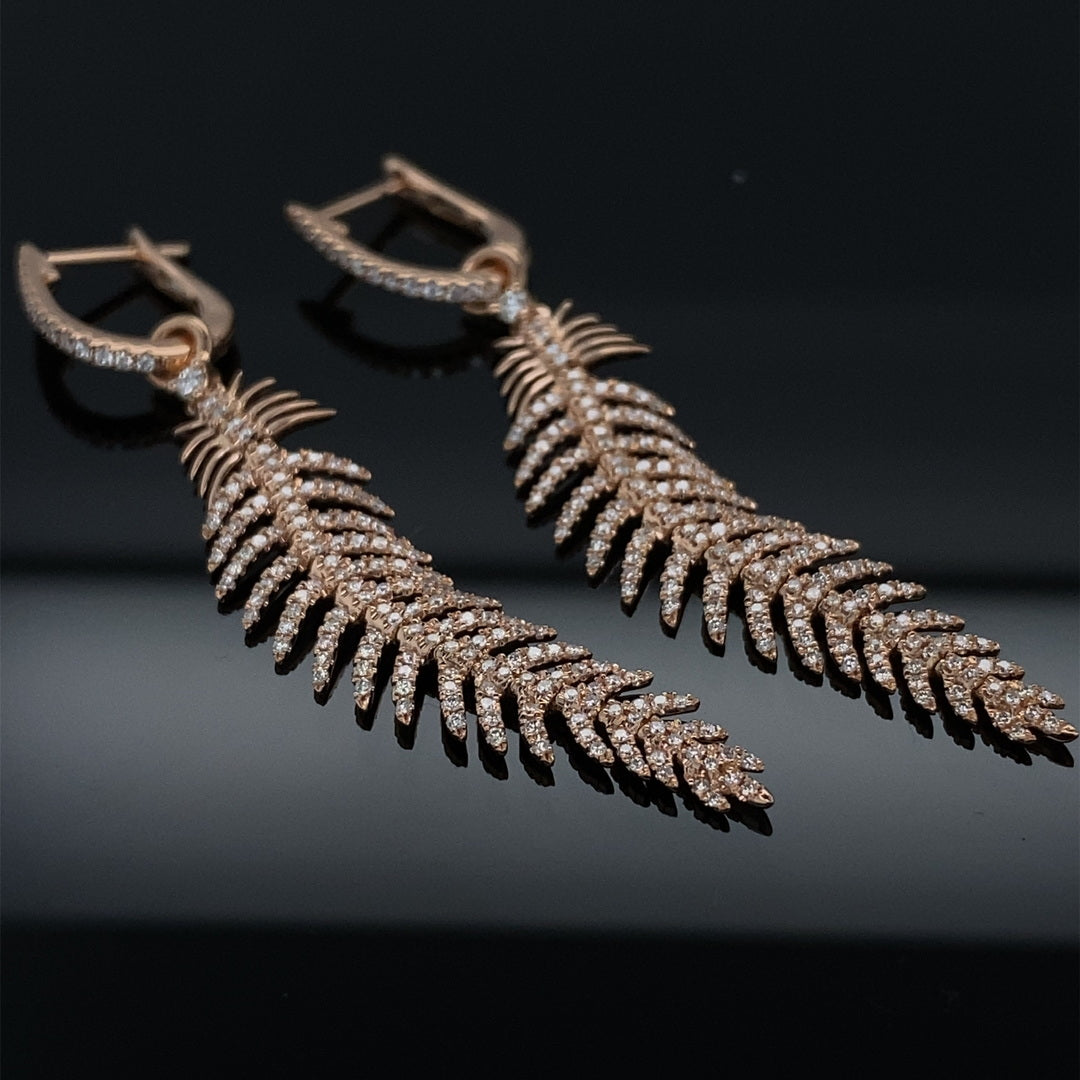 .80ct Dangling Diamond Feather 18K Rose Gold Earrings