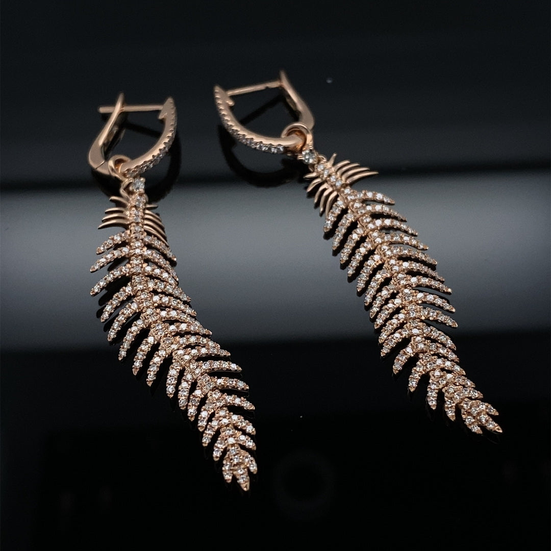.80ct Dangling Diamond Feather 18K Rose Gold Earrings