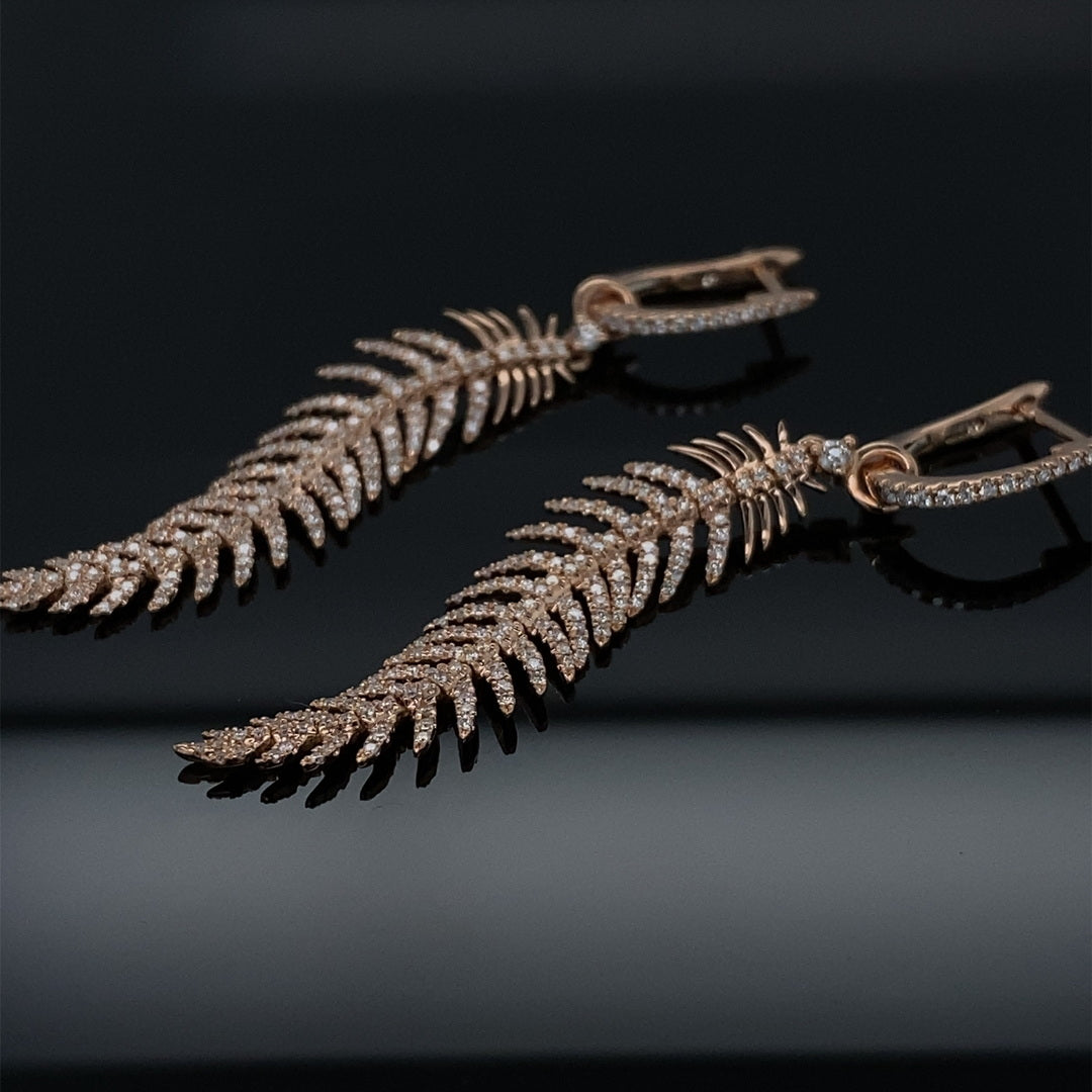 .80ct Dangling Diamond Feather 18K Rose Gold Earrings