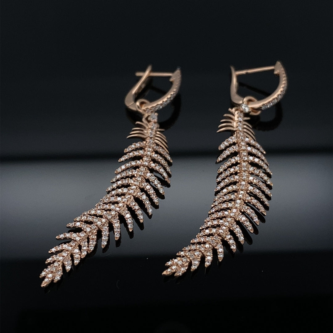 .80ct Dangling Diamond Feather 18K Rose Gold Earrings