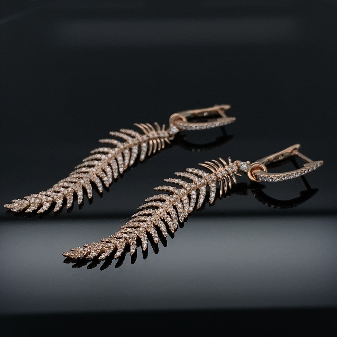 .80ct Dangling Diamond Feather 18K Rose Gold Earrings