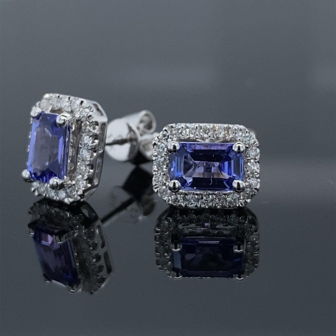 Emerald Cut Tanzanite & Diamond Halo Stud Earrings White Gold