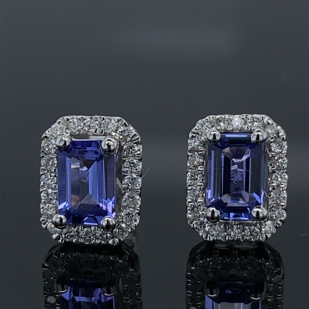 Emerald Cut Tanzanite & Diamond Halo Stud Earrings White Gold