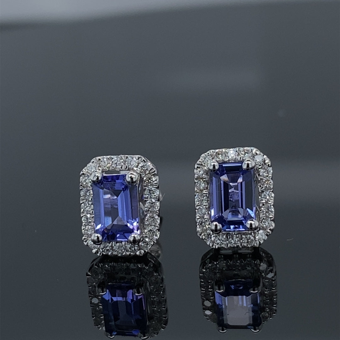 Emerald Cut Tanzanite & Diamond Halo Stud Earrings White Gold