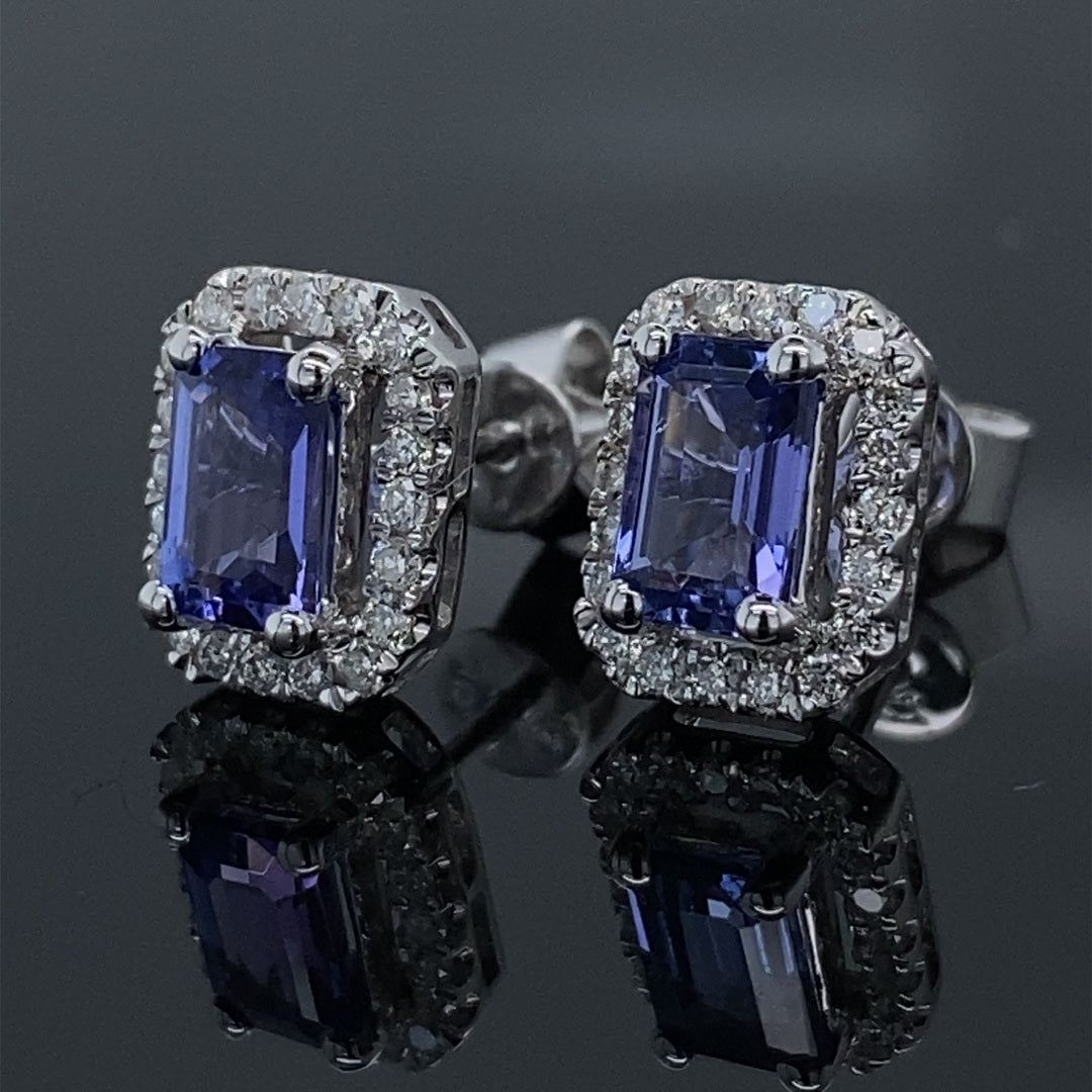 Emerald Cut Tanzanite & Diamond Halo Stud Earrings White Gold